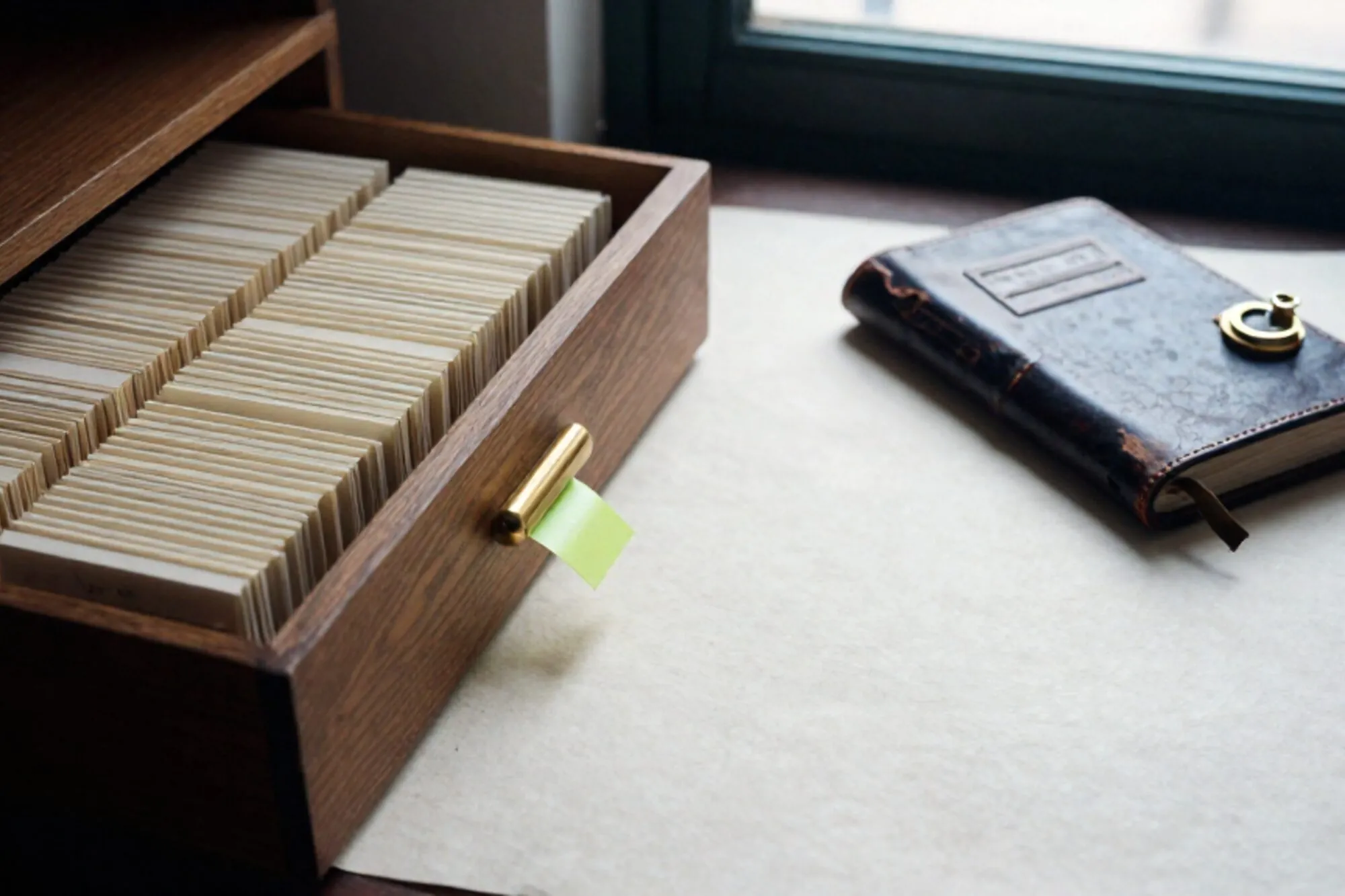 Eiken kaartenbak open op een licht bureau, één kaart met groen tabje, leren grootboek en messing presse-papier ernaast.