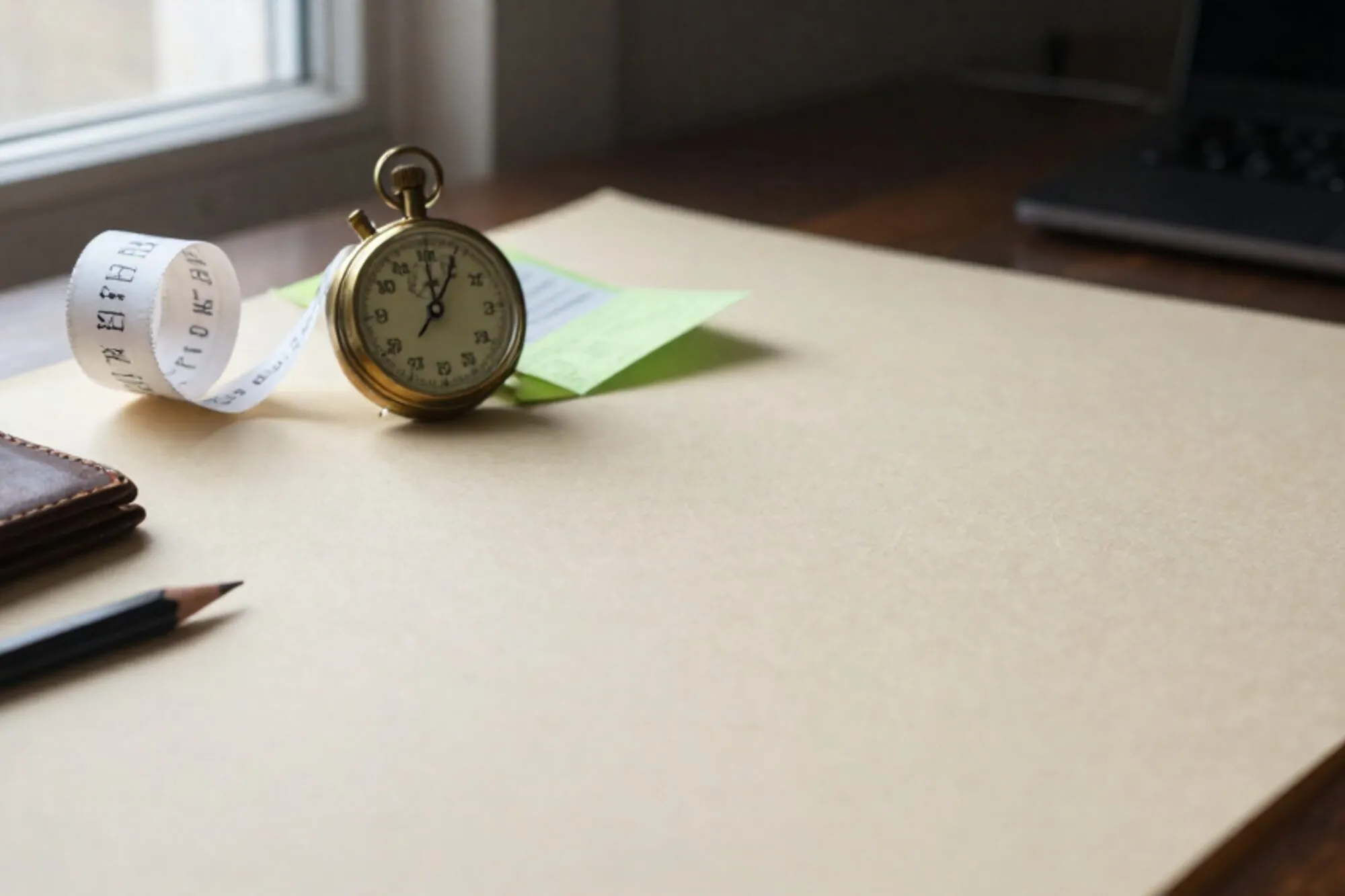 Brass stopwatch on ivory paper desk, paper ticker tape curling left, green receipt under it, leather blotter, pencil.
