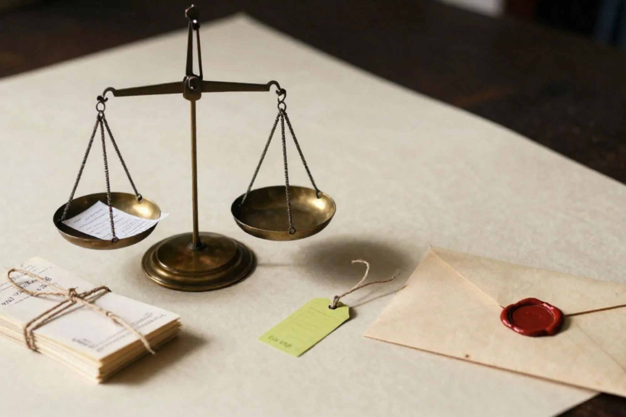 Brass apothecary scale tipped left on ivory paper, folded invoice under lighter pan, twine-bound receipts, green price tag, red wax seal.