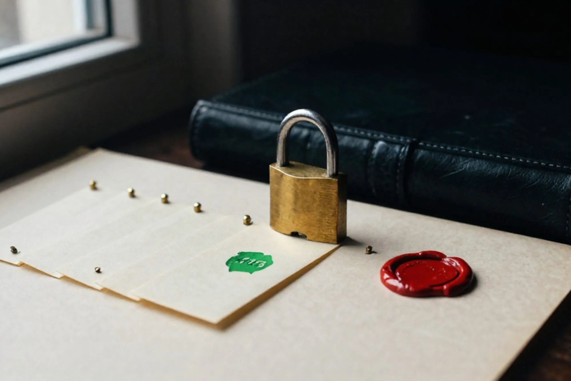 Brass padlock unlatched on leather dossier, eight ivory paper slips with brass tacks, one chartreuse wax seal, red wax stub.