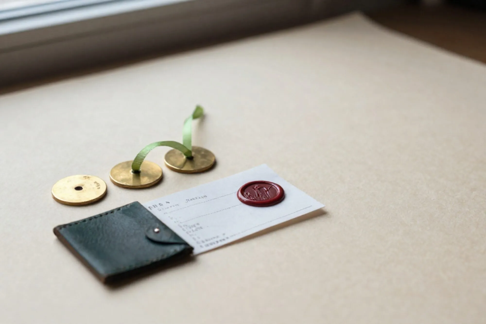 Drie messing schijfjes, groen lint door één, naast gekreukt bonnetje, rode lakzegel, donker leren onderlegger op ivoor papier.