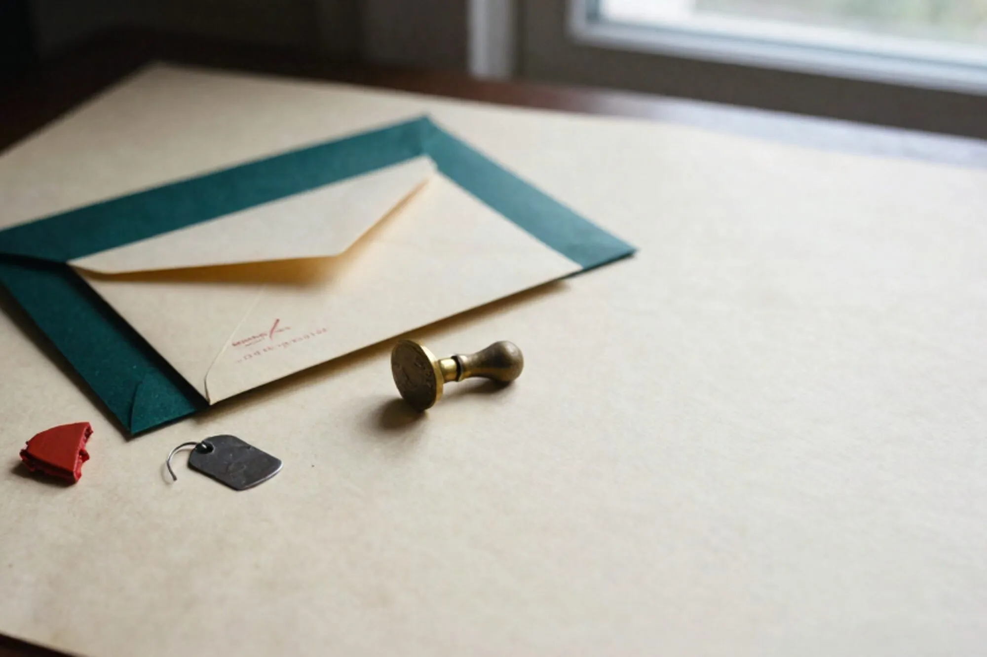 Ivory paper surface with stamped paying-in slip, ribboned envelope, brass weight, iron tag, cracked red wax.