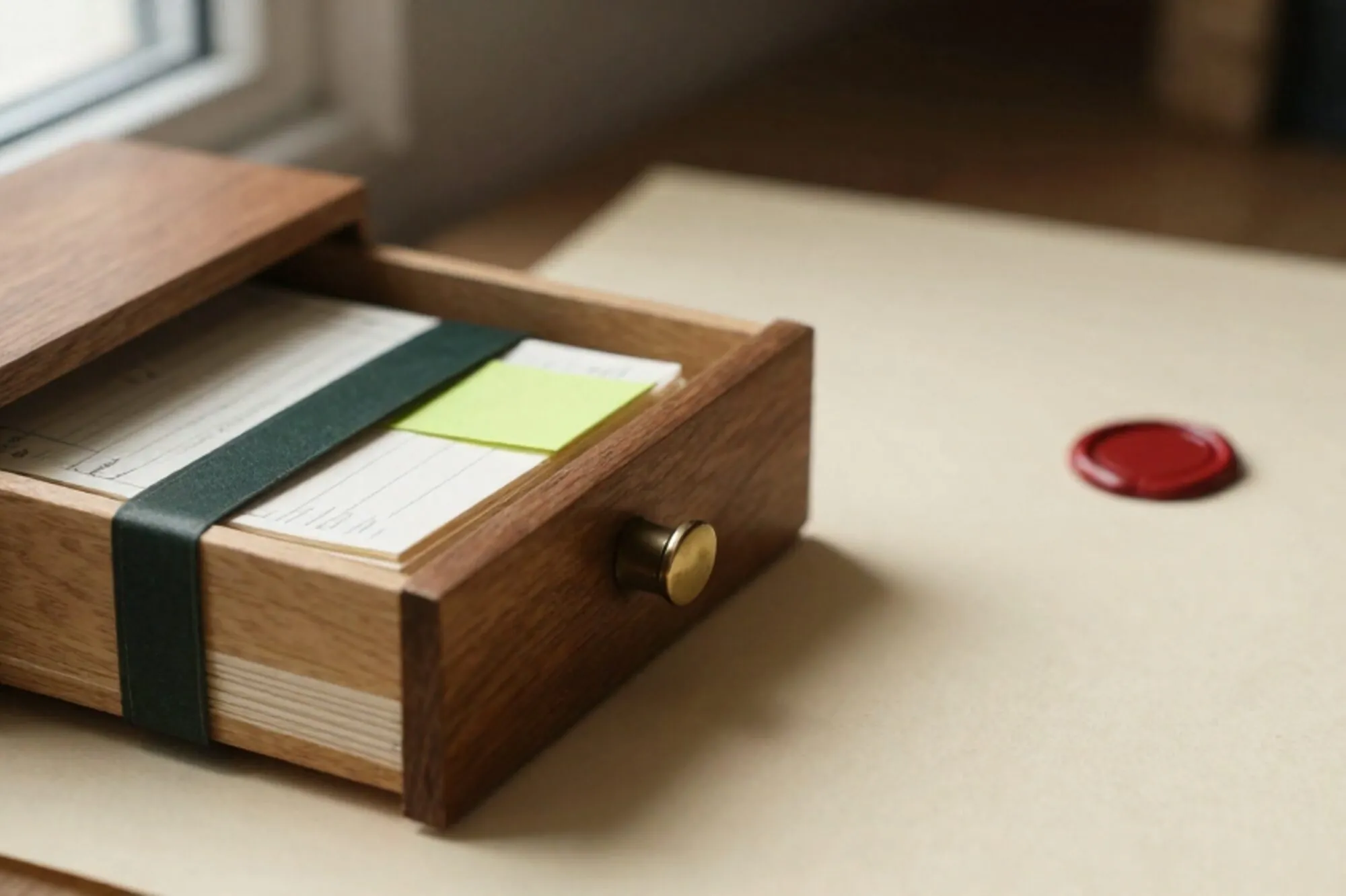 Open houten kaartenbak met grootboekpapier, inktlint, messing kaart, groene tab en rode lakzegel op ivoor.
