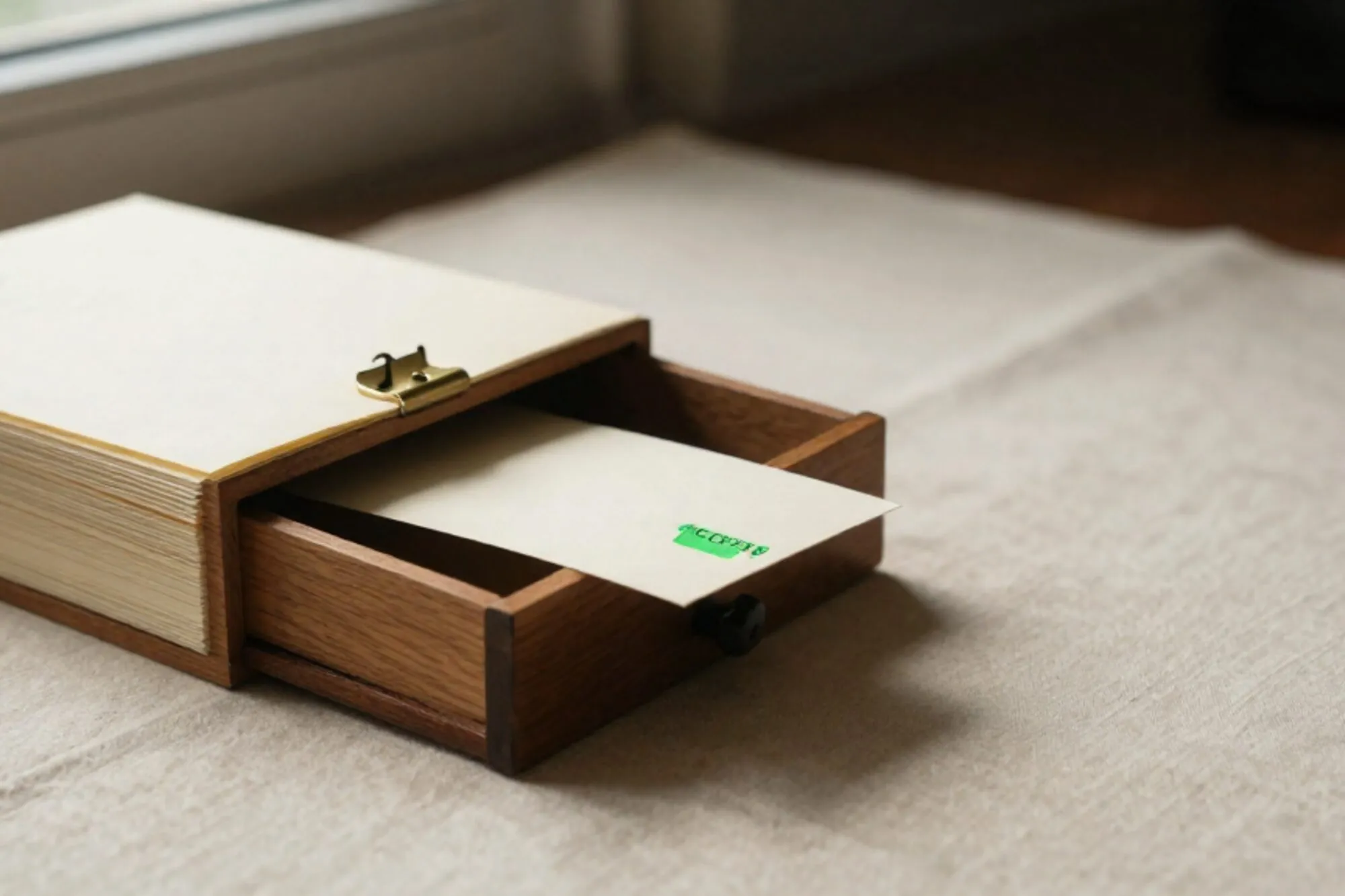 Open houten kaartenbak op ivoorpapier, kaart met groen tabje, koperen tussenschot, stapel cremepapier, zijlicht.