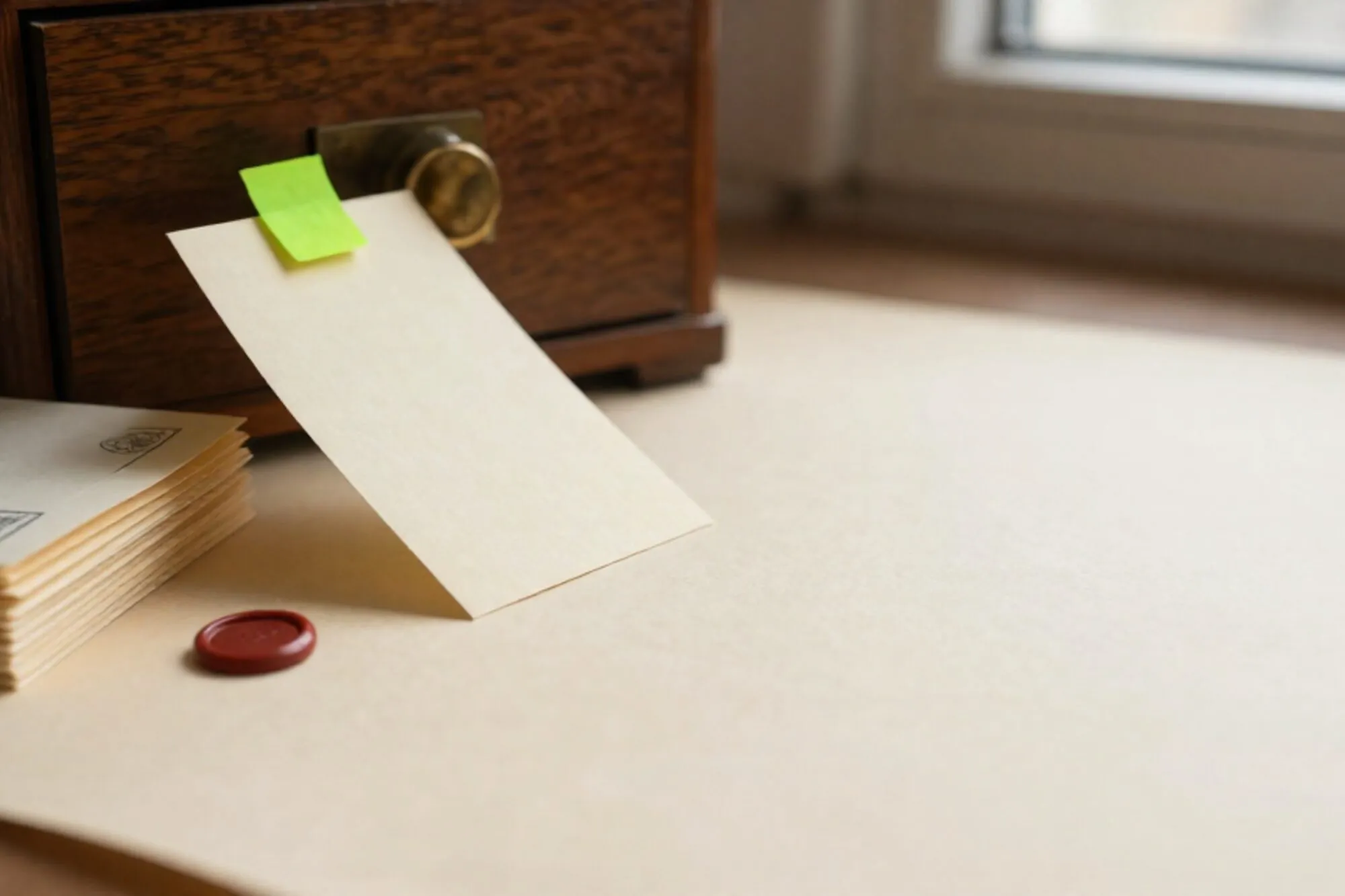 Half-open oak index-card drawer with one cream card lifted, green tab on top, brass divider, ledger stack, wax seal.