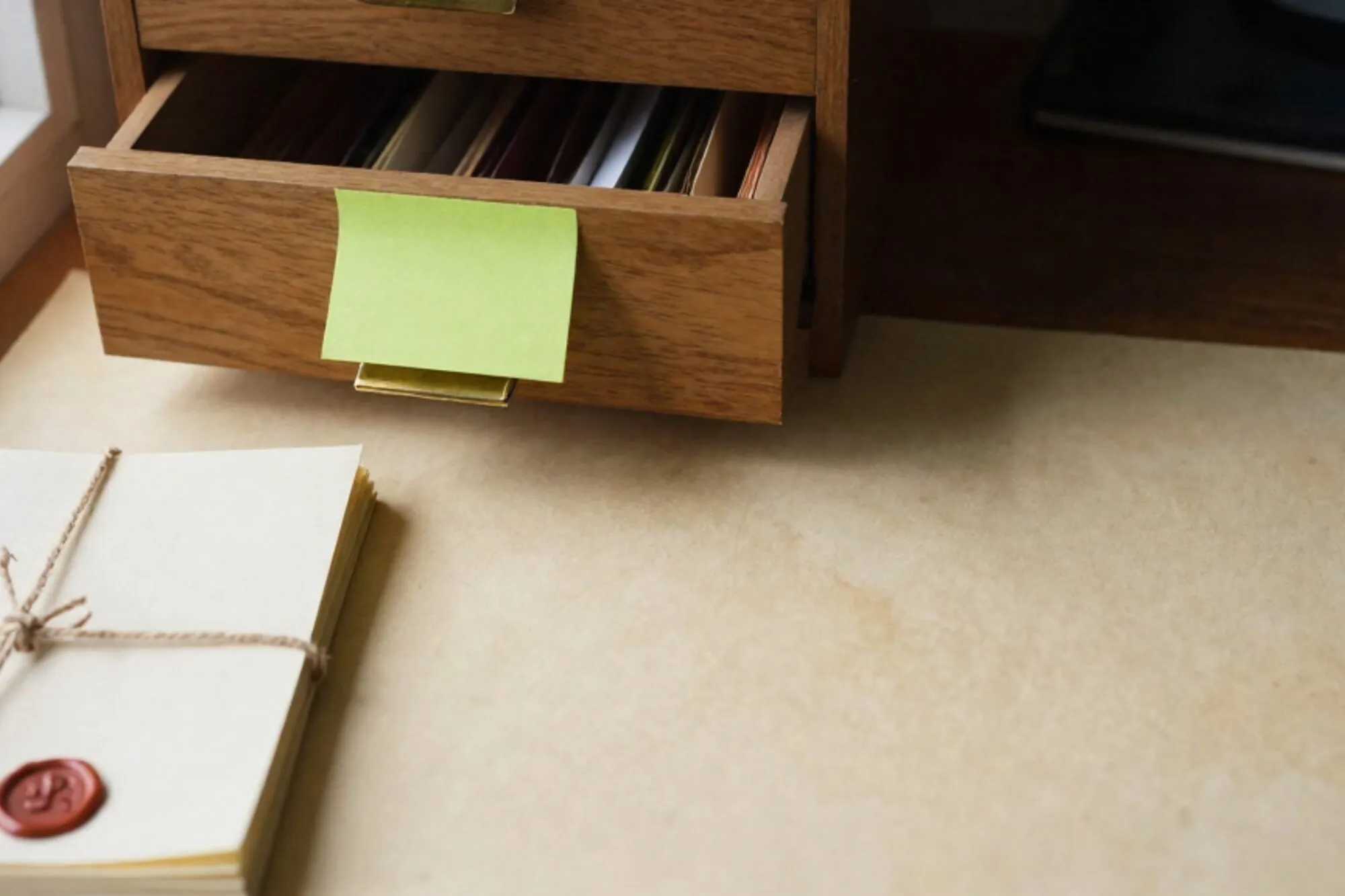 Open oak index-card drawer with one raised tab, brass divider, twine-bound paper stack, red wax seal on ivory desk.