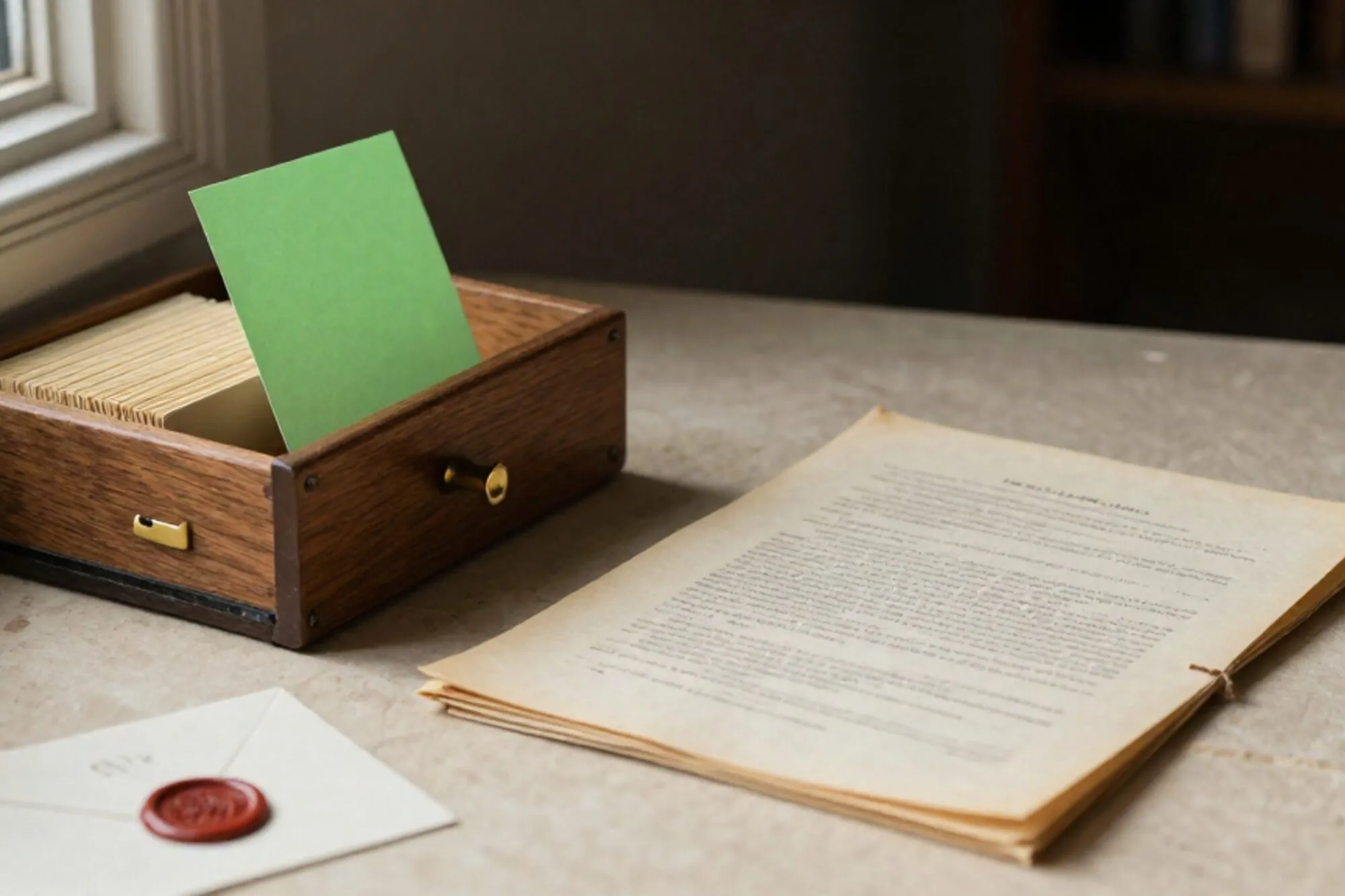 Open wooden index-card drawer with one green card upright among cream cards, brass divider, folded papers, red wax seal.