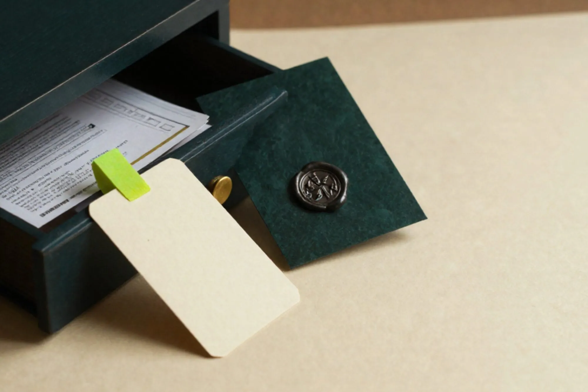 Open eiken kaartenbak op ivoorpapier, één kaart naar voren met groen tabje, messing scheider, gevouwen document ernaast.
