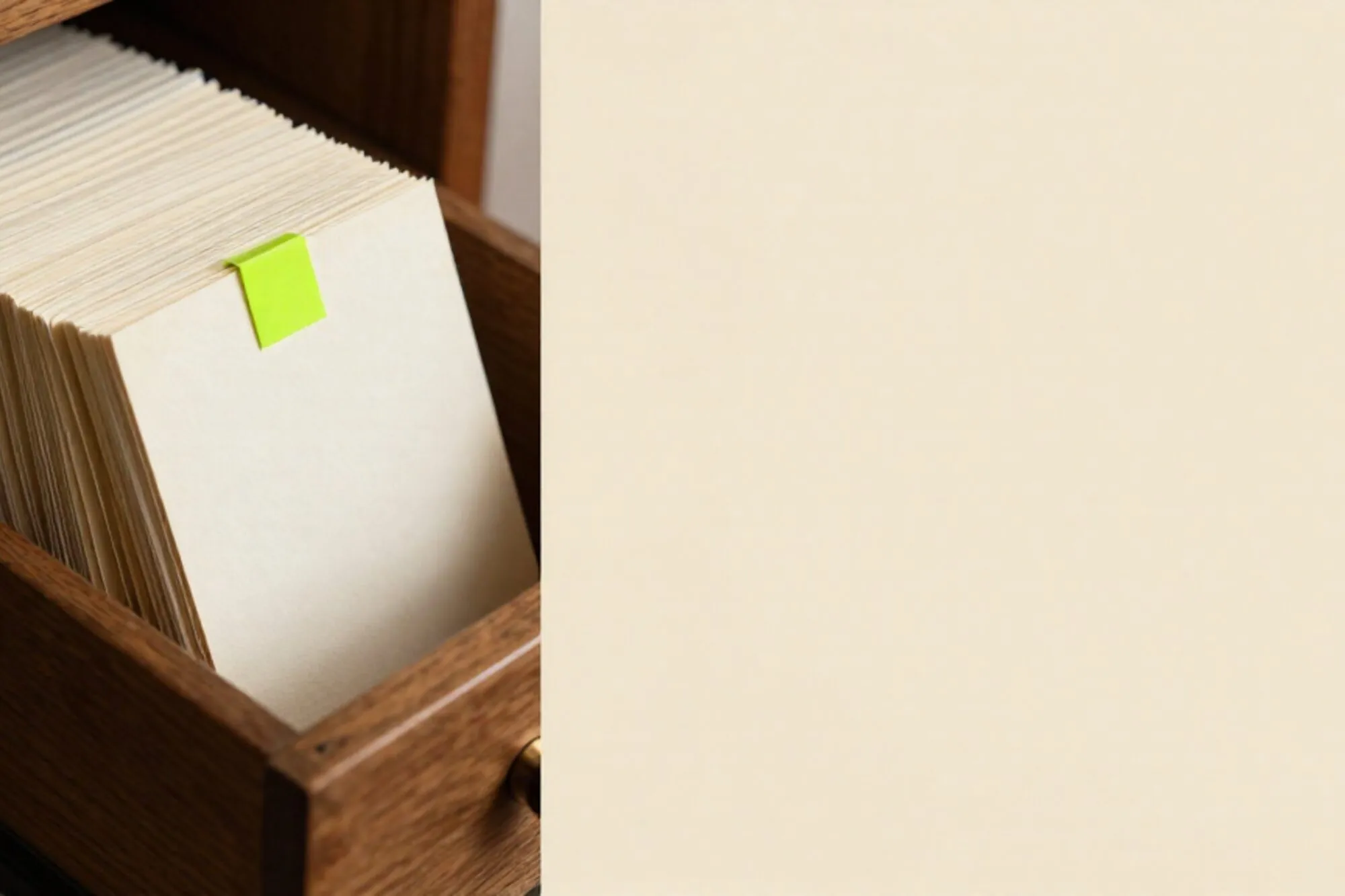 Open oak card-catalogue drawer with cream index cards, one tagged chartreuse, brass divider, ledger papers on ivory paper.