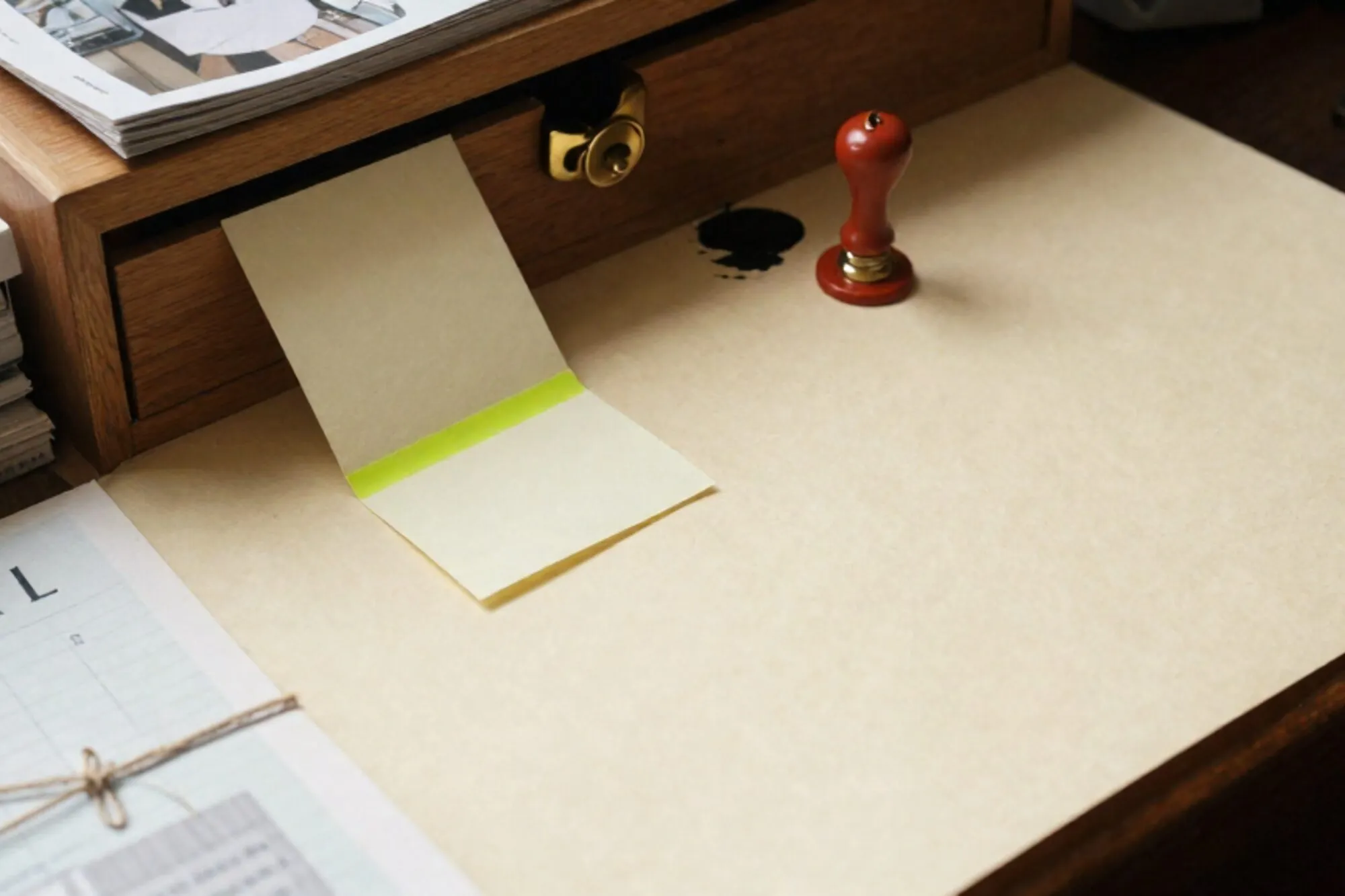 Open oak index-card drawer with raised cream card, brass divider, folded ledger paper, green tab, red wax seal on ivory surface.