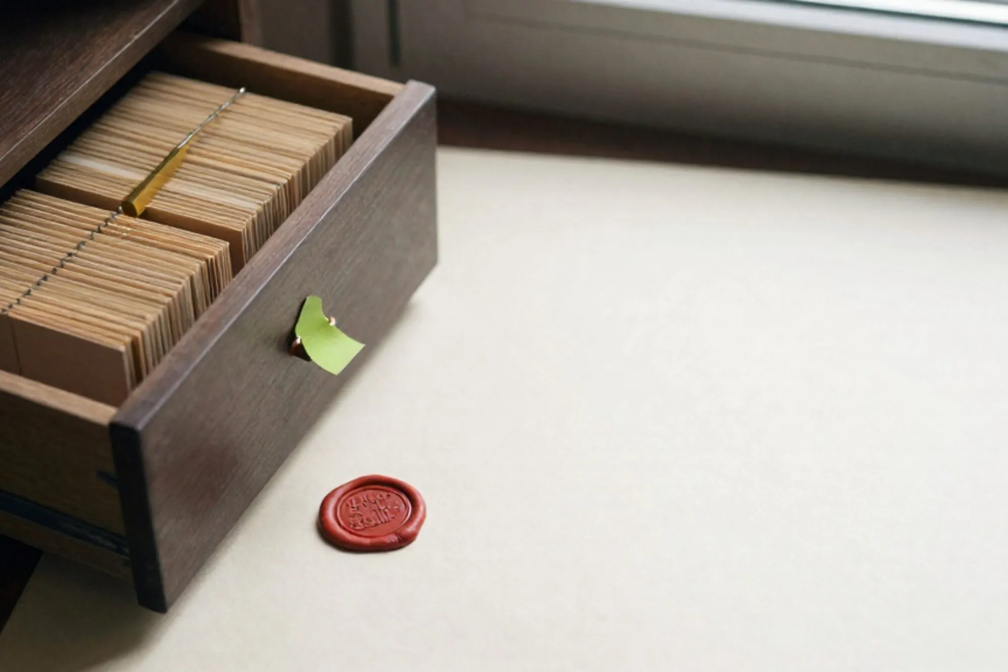 Half-open oak card-catalogue drawer with buff index cards, brass divider, green tab, red wax seal on ivory paper.