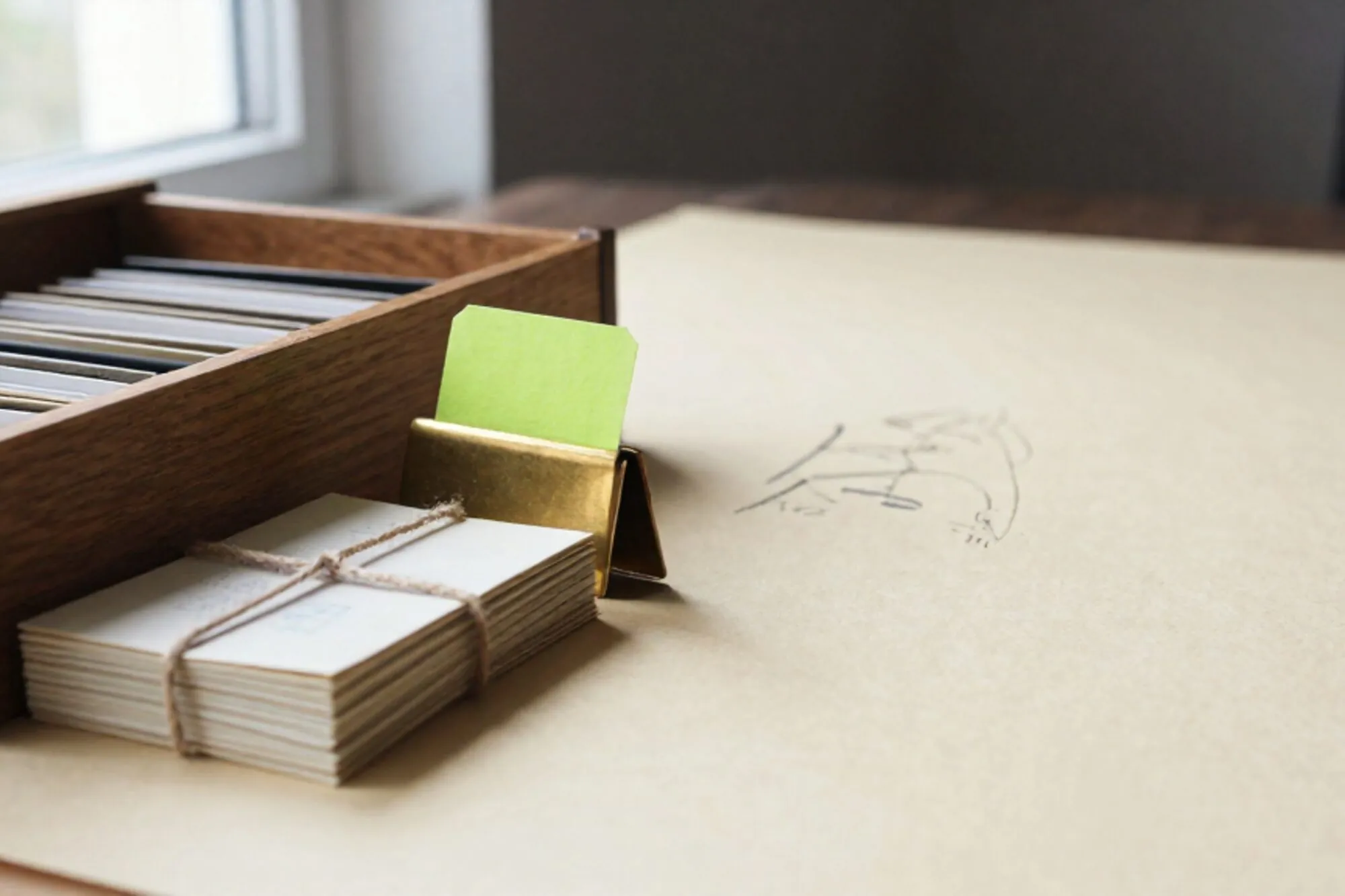 Open oak index-card drawer with manila dividers, brass divider with green tab, twine-bound cream cards on ivory paper.