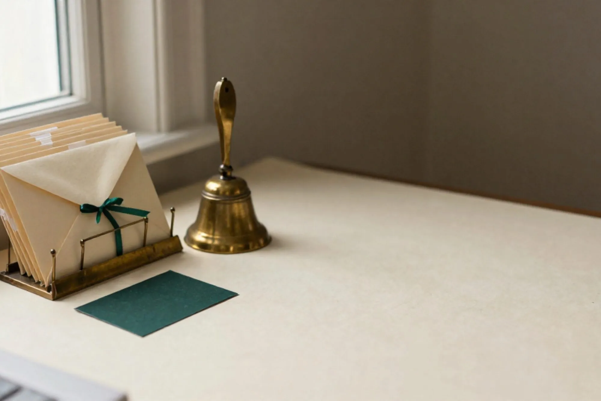 Messing brievenrek met crèmekleurige enveloppen en linnen tabs op ivoren bureau, één met groen lint.