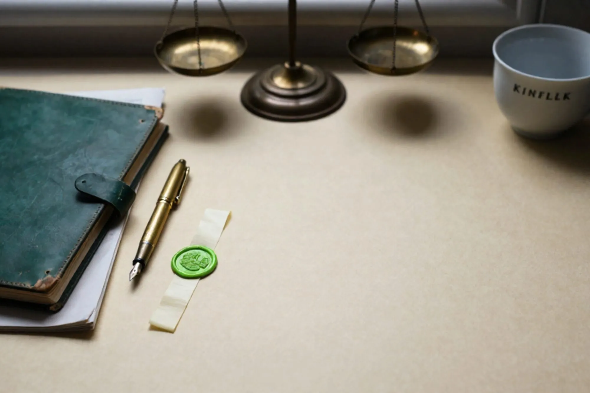 Half-open green leather folio, brass pen on linen, chartreuse wax seal, brass scale, cold coffee cup on ivory desk.