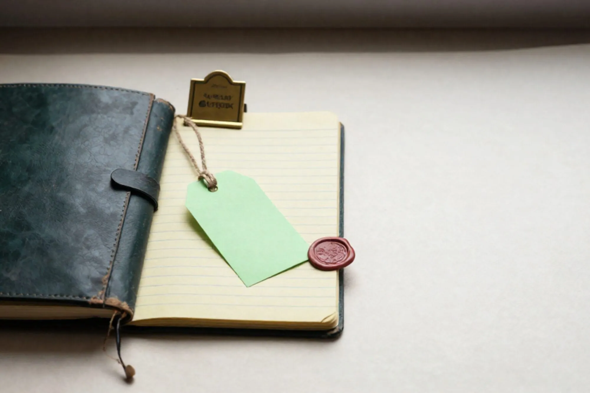 Open leather ledger on ivory paper, brass divider between ruled cards, green tag on linen thread, red wax seal.