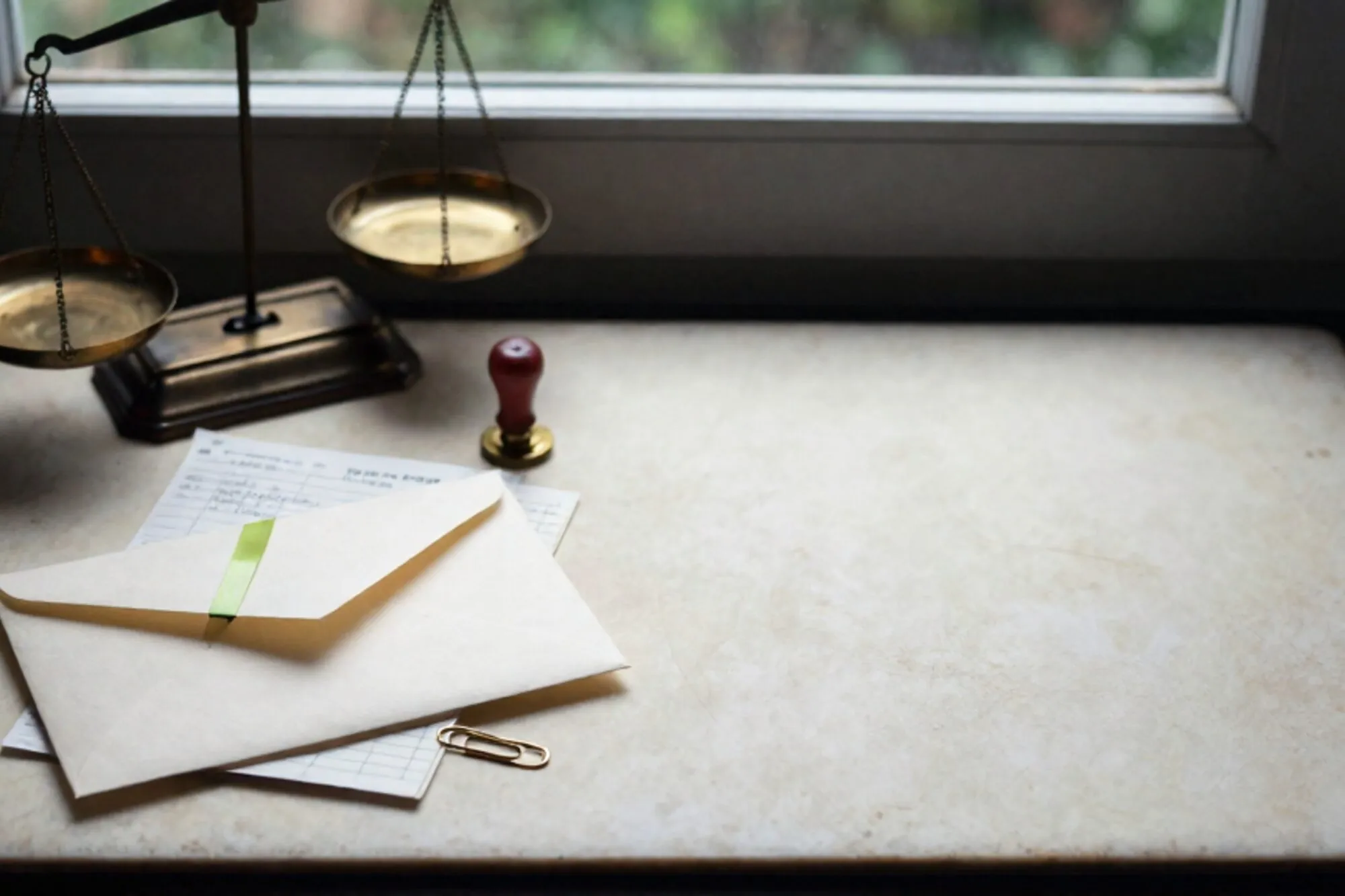 Ivory blotter with sealed cream envelope, green ribbon, brass paperclip on receipts, ledger stub, brass balance scale, wax fragment.