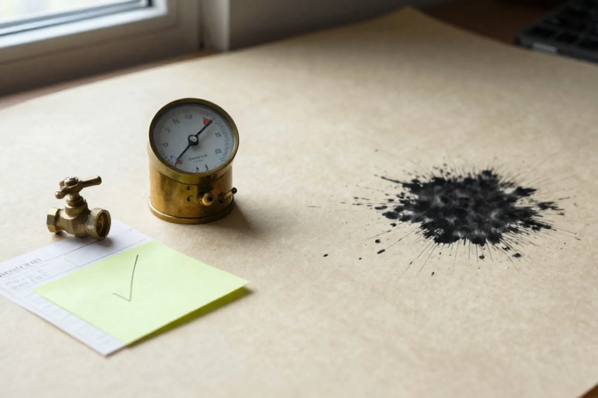 Brass water meter dial with needle past red zone, folded invoice, green sticky note, brass valve, ivory linen, wax seal.