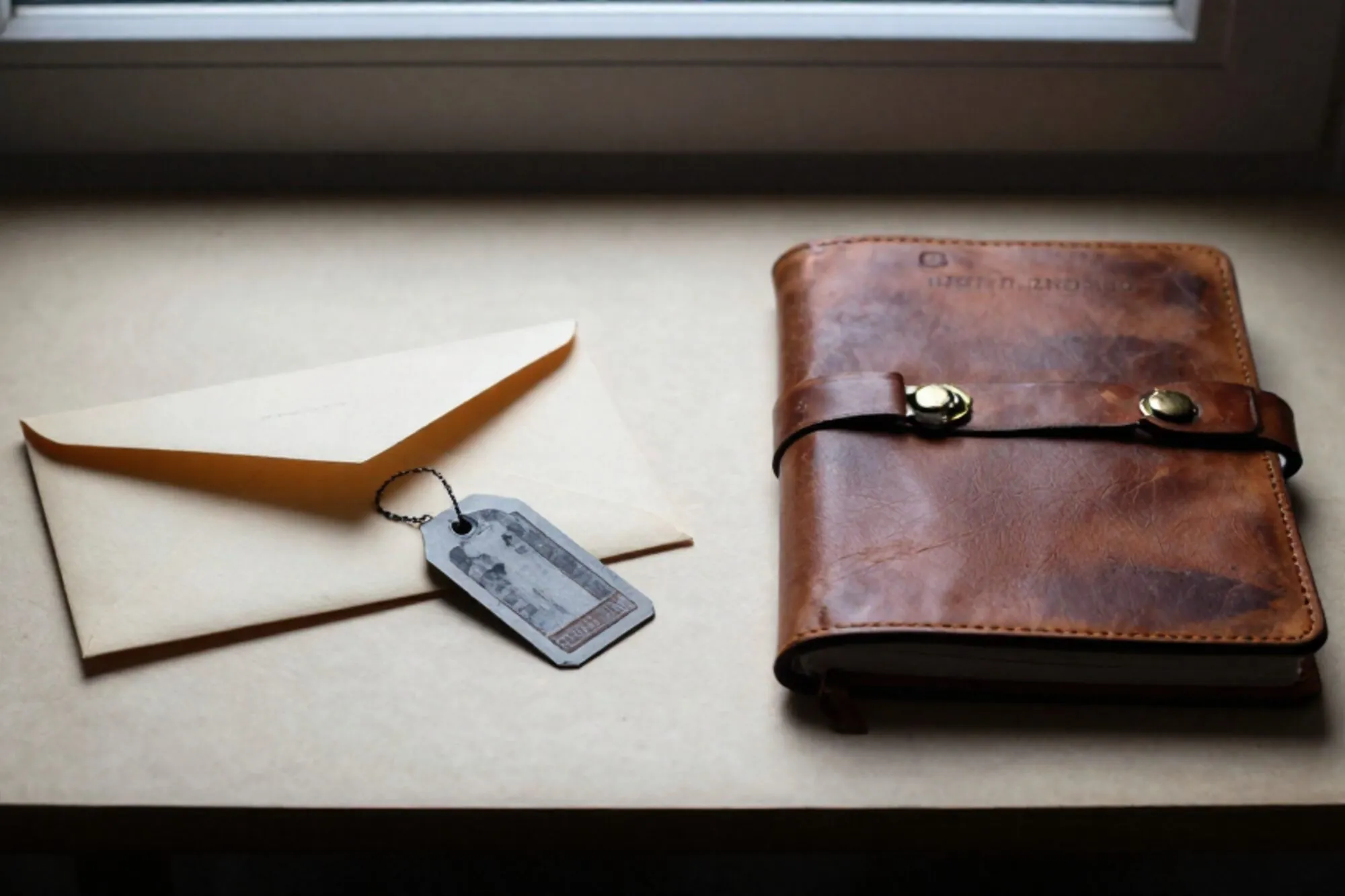 Cream envelope with green ribbon, leather logbook, iron shipping tag on ivory desk in side light.