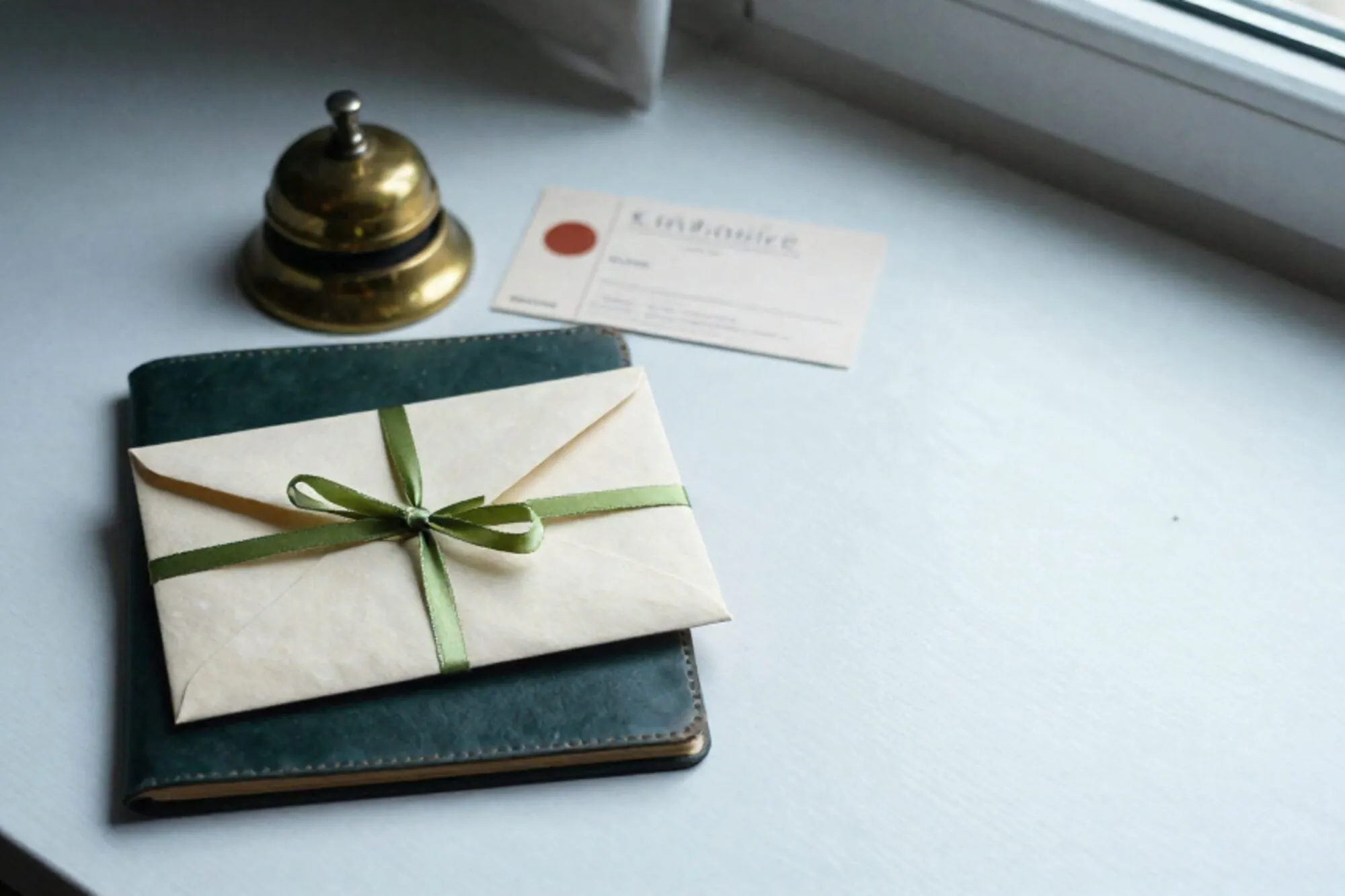 Cream envelope tied with chartreuse ribbon on dark green leather blotter, brass bell and carbon-copy slip beside it.