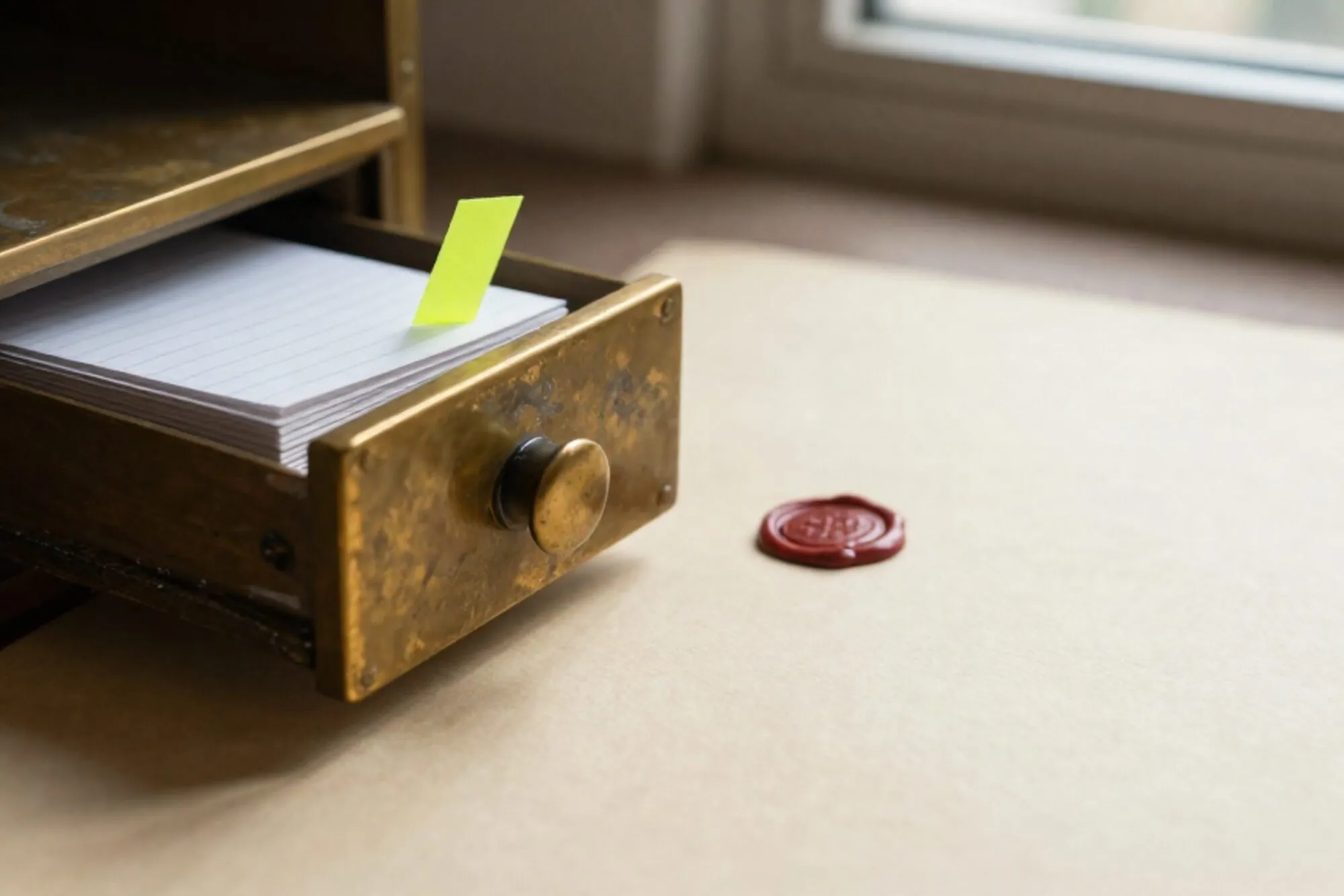 Open brass card-index drawer with ledger cards, chartreuse paper tab, red wax seal on ivory paper.