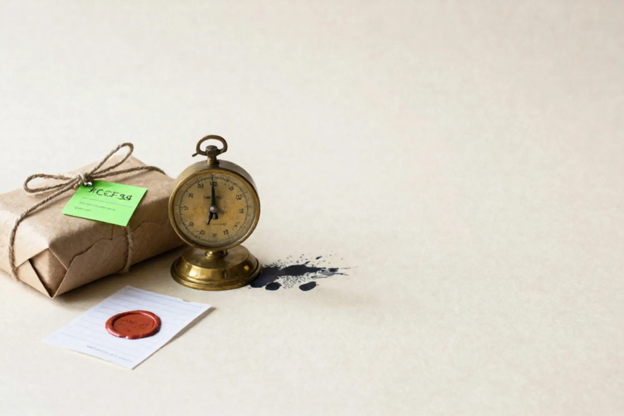 Two twine-tied paper parcels on ivory paper, brass scale tilting off balance, green shipping label, torn slip with red wax seal.