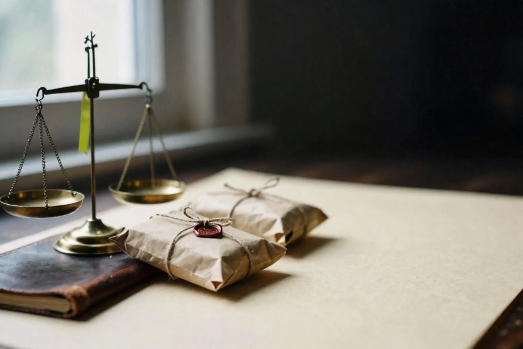 Brass scale with green ribbon, two craft-paper parcels, leather order book on ivory paper in window light.