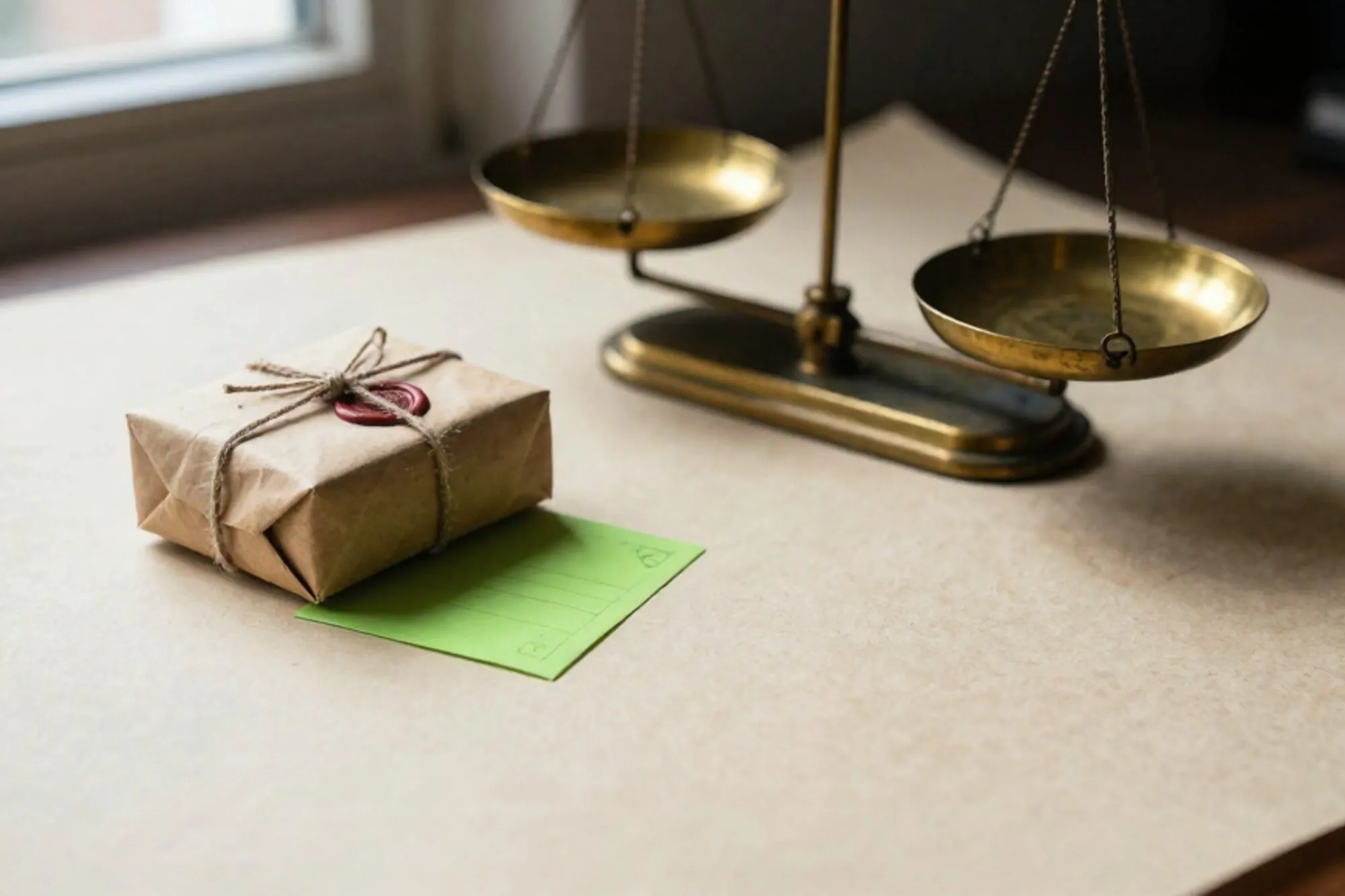 Small twine-tied parcel beside a tipped brass scale, green postcard underneath, wax seal, ivory paper table, side light.