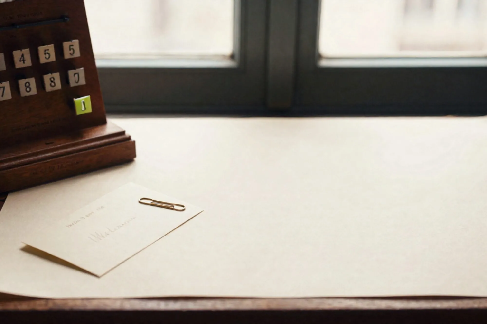 Antique wooden hotel call-bell board with six numbered tabs, one flipped green, on an ivory desk beside a folded card.