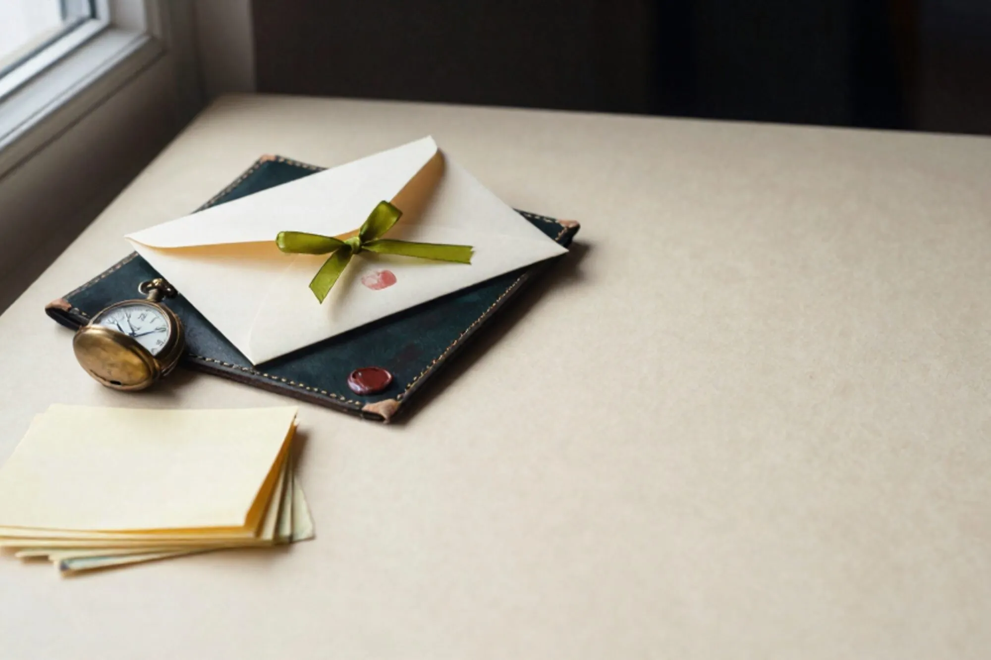 Crèmekleurige envelop met groen lint, messing zakhorloge en carbonpapier op een donkergroene leren onderlegger.