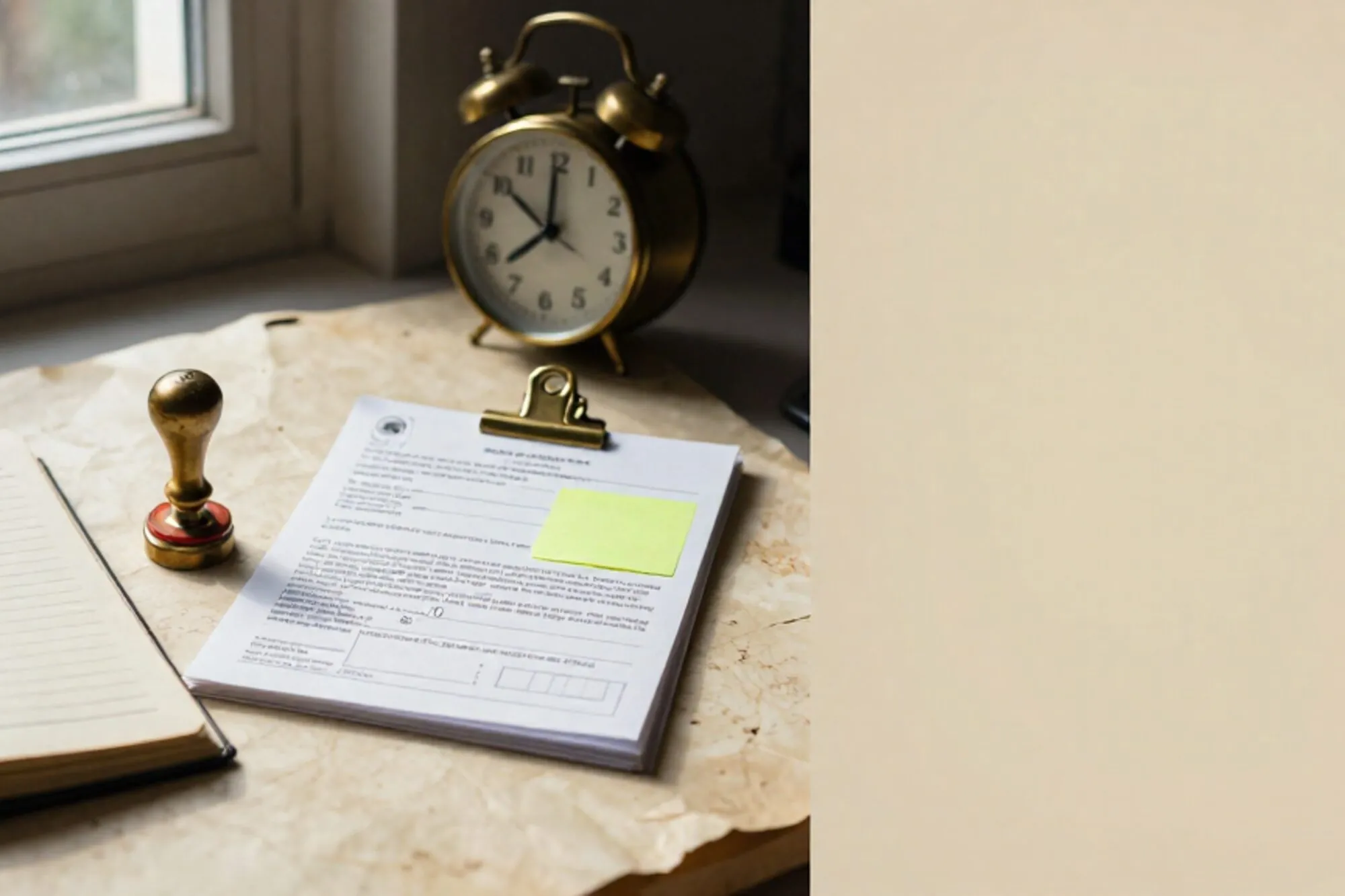 Open douaneregister, koperen stempel met rood inktkussen, doorslagformulieren onder presse-papier, groen briefje, stilstaande klok.