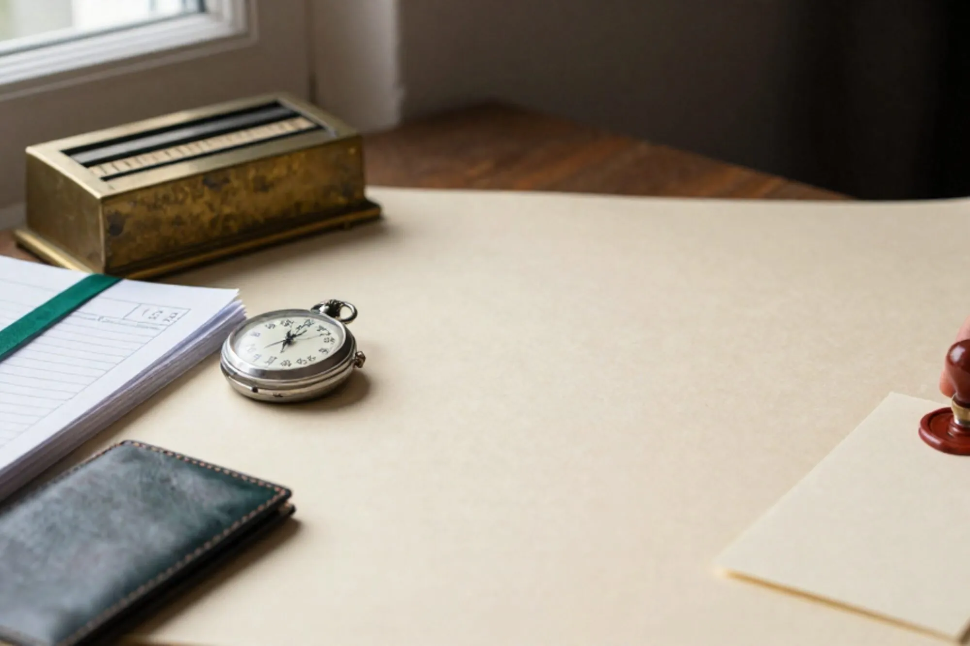 Messing telteller, gestapelde orderbonnen met groen lint, ijzeren stopwatch, leren onderlegger, rode lakzegel op ivoren bureau.
