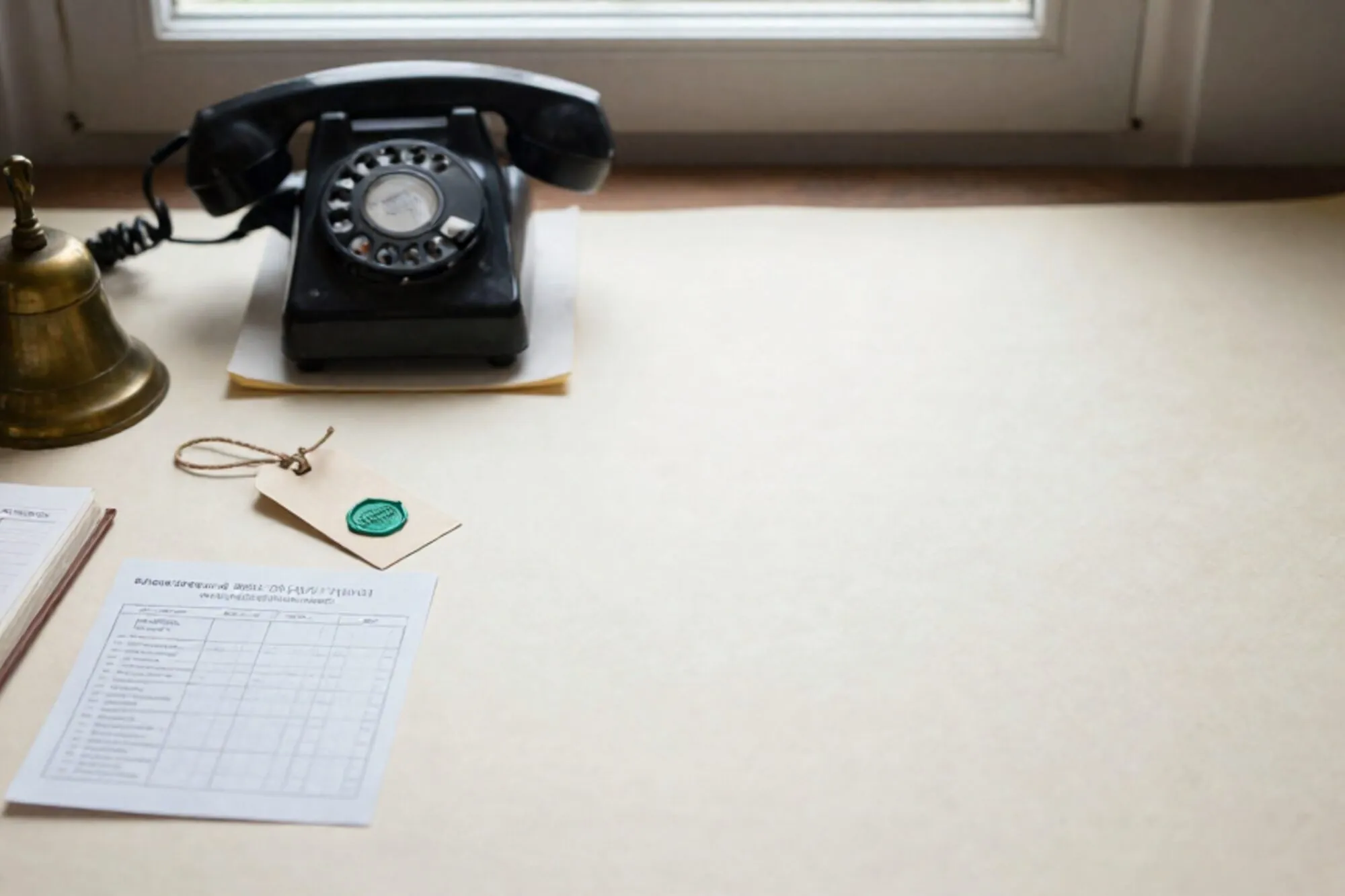 Brass bell, open ledger, black bakelite phone receiver and green-sealed triage tag on ivory desk by a window.