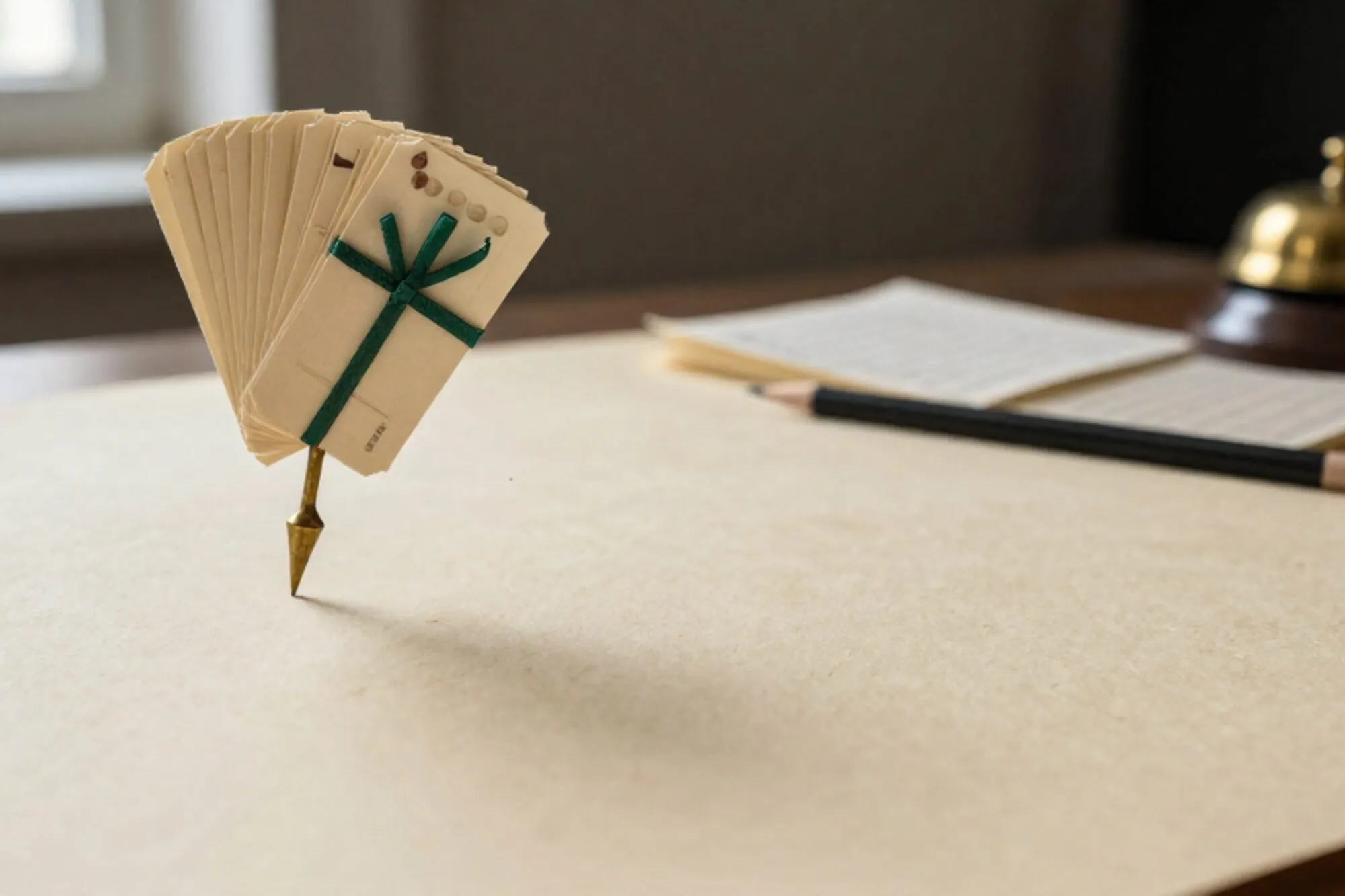 Brass ticket spike with fanned cream tickets, one tied with green ribbon, beside a linen ledger, pencil, and bell.