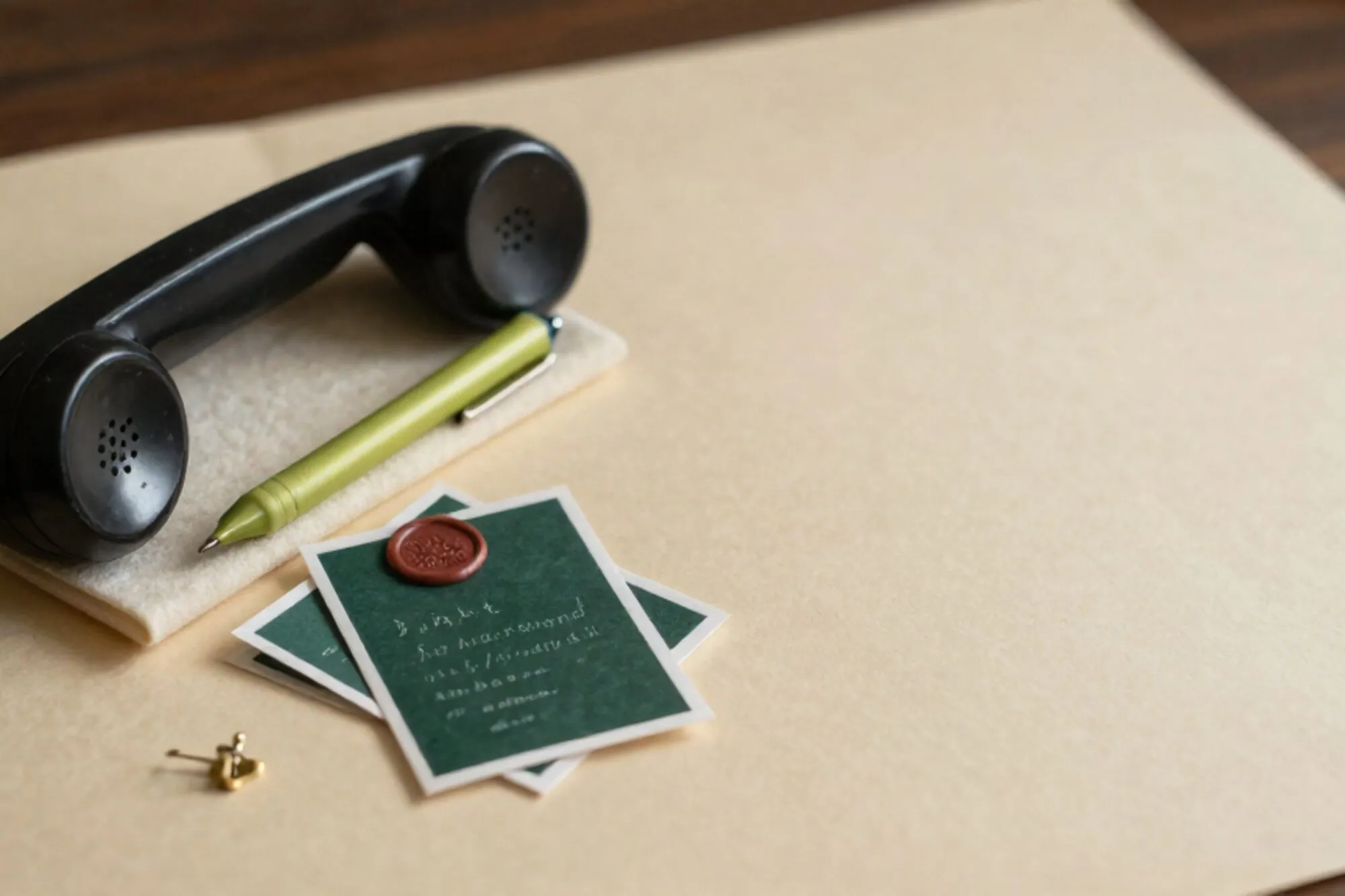 Black bakelite phone receiver off-hook on cream felt, green silk ribbon across it, folded paper cards with red wax seal.