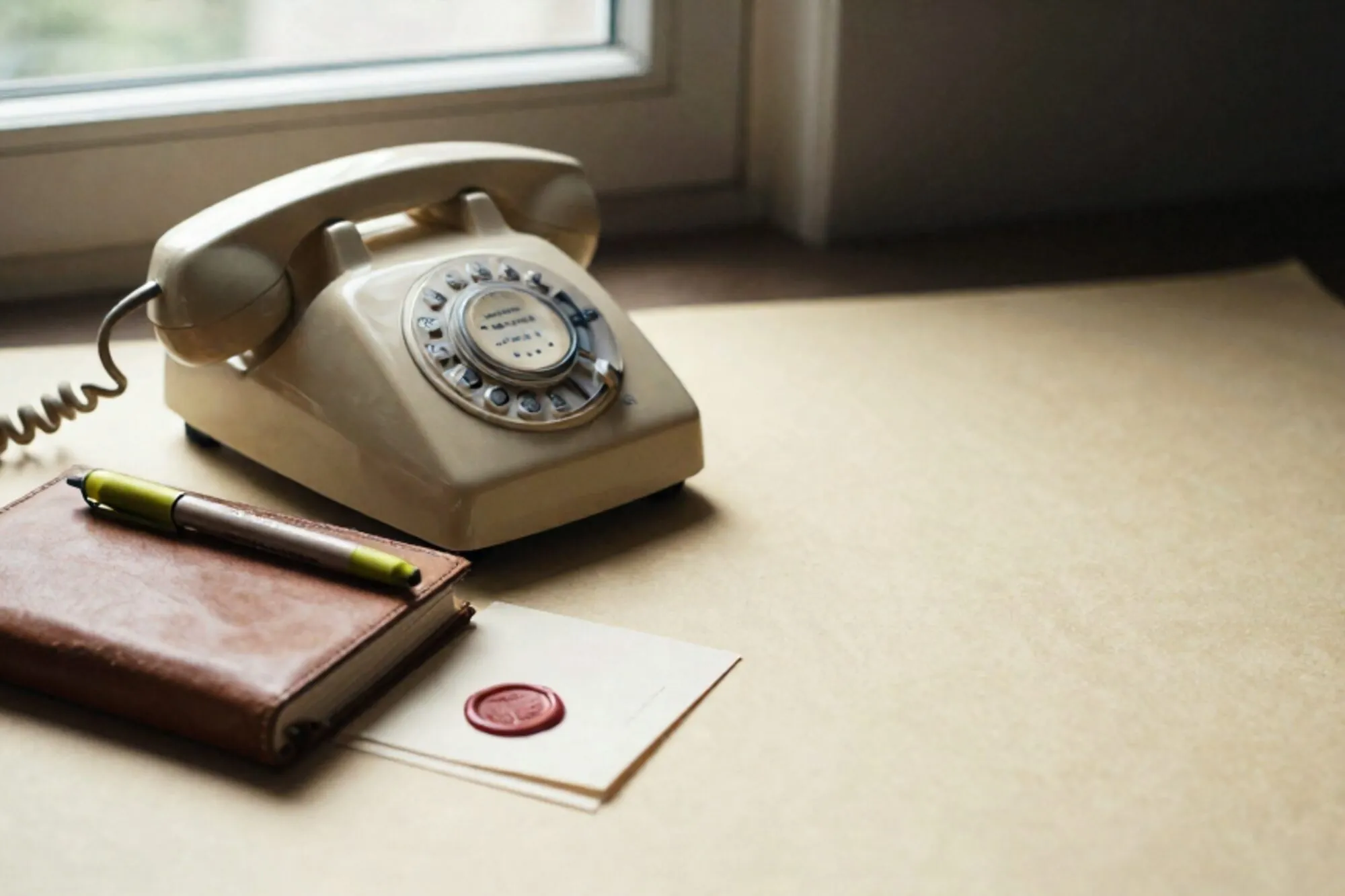 Cream Bakelite phone receiver off-hook on leather blotter, green ribbon on closed appointment book, red wax seal on notecard.
