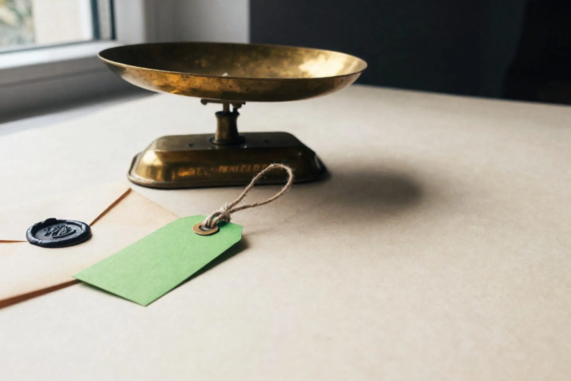 Brass postal scale with cream wax-sealed envelope and green paper tag on ivory paper, side window light.