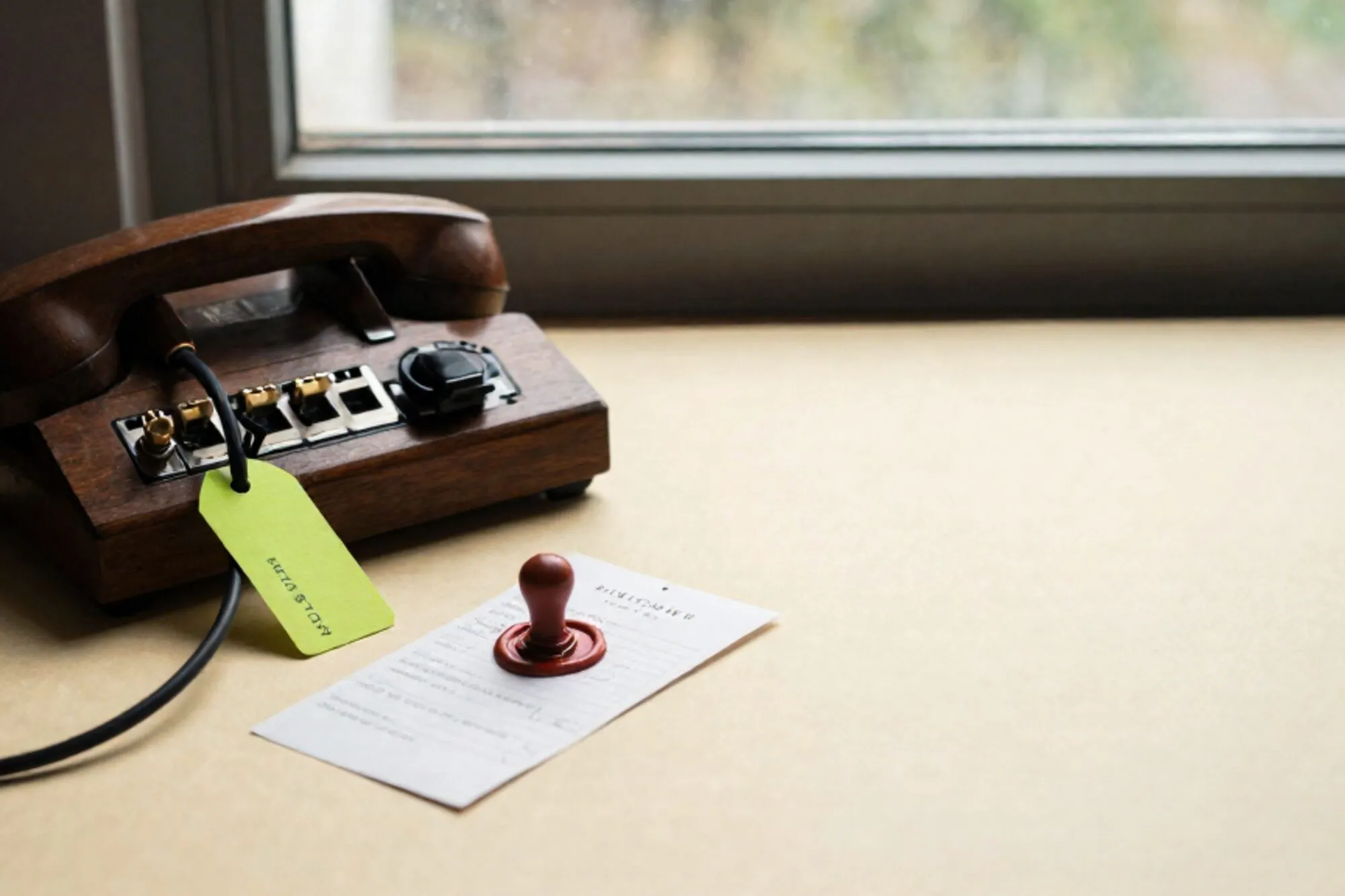 Vintage wooden telephone switchboard with brass jacks, one cable rerouted with a green paper tag, wax seal on slip.