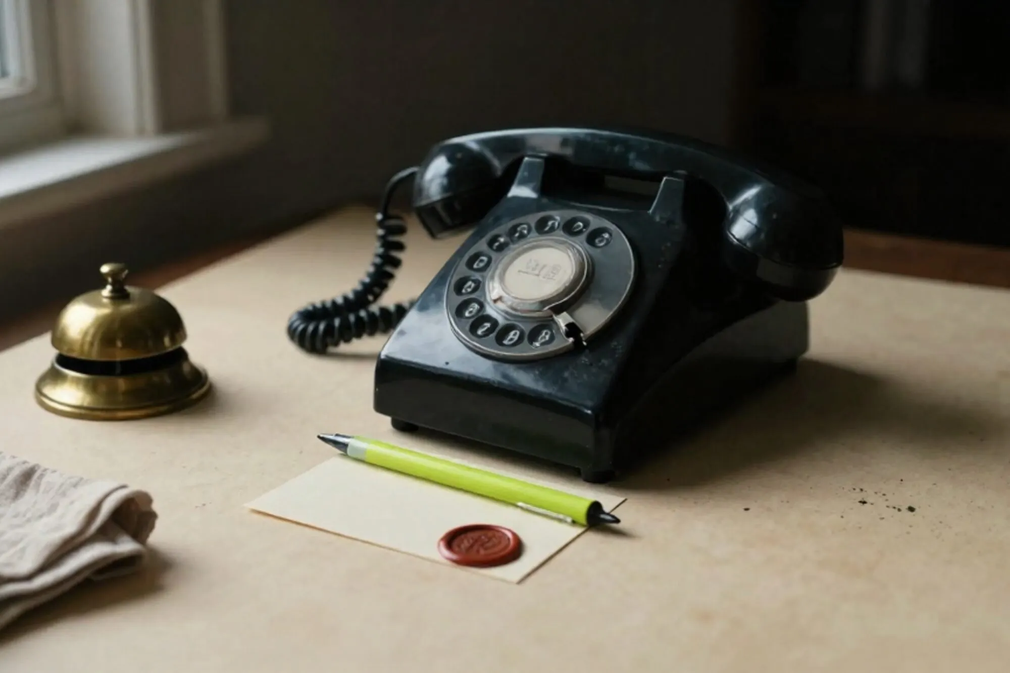 Vintage black bakelite phone receiver off-hook on an ivory blotter, green ribbon across cradle, brass bell, wax-sealed card.