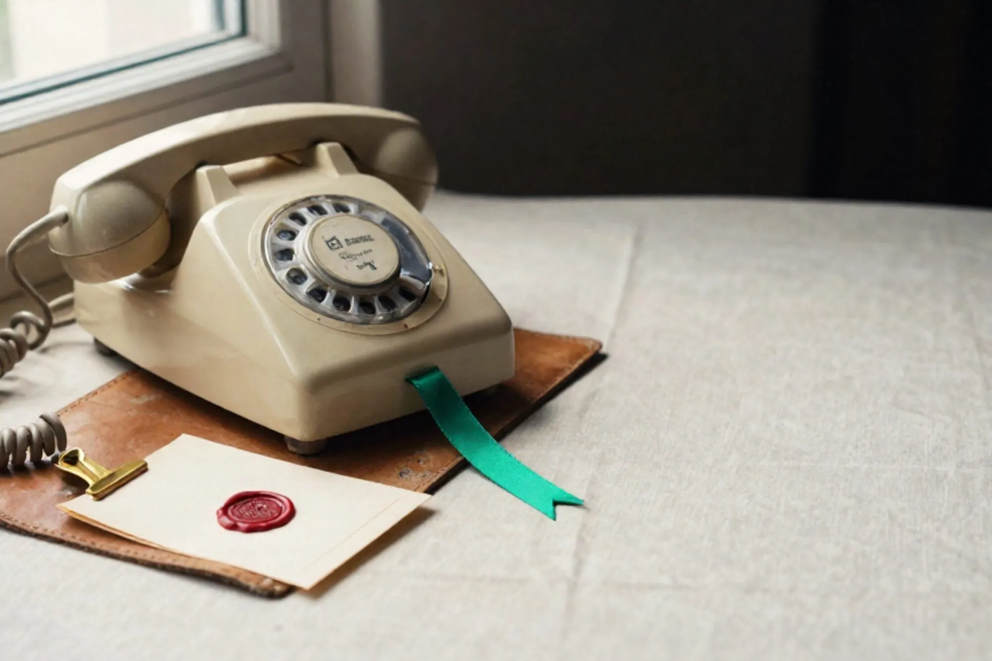 Off-hook cream Bakelite phone on leather blotter, green ribbon bookmark, ivory card with brass clip, red wax edge.