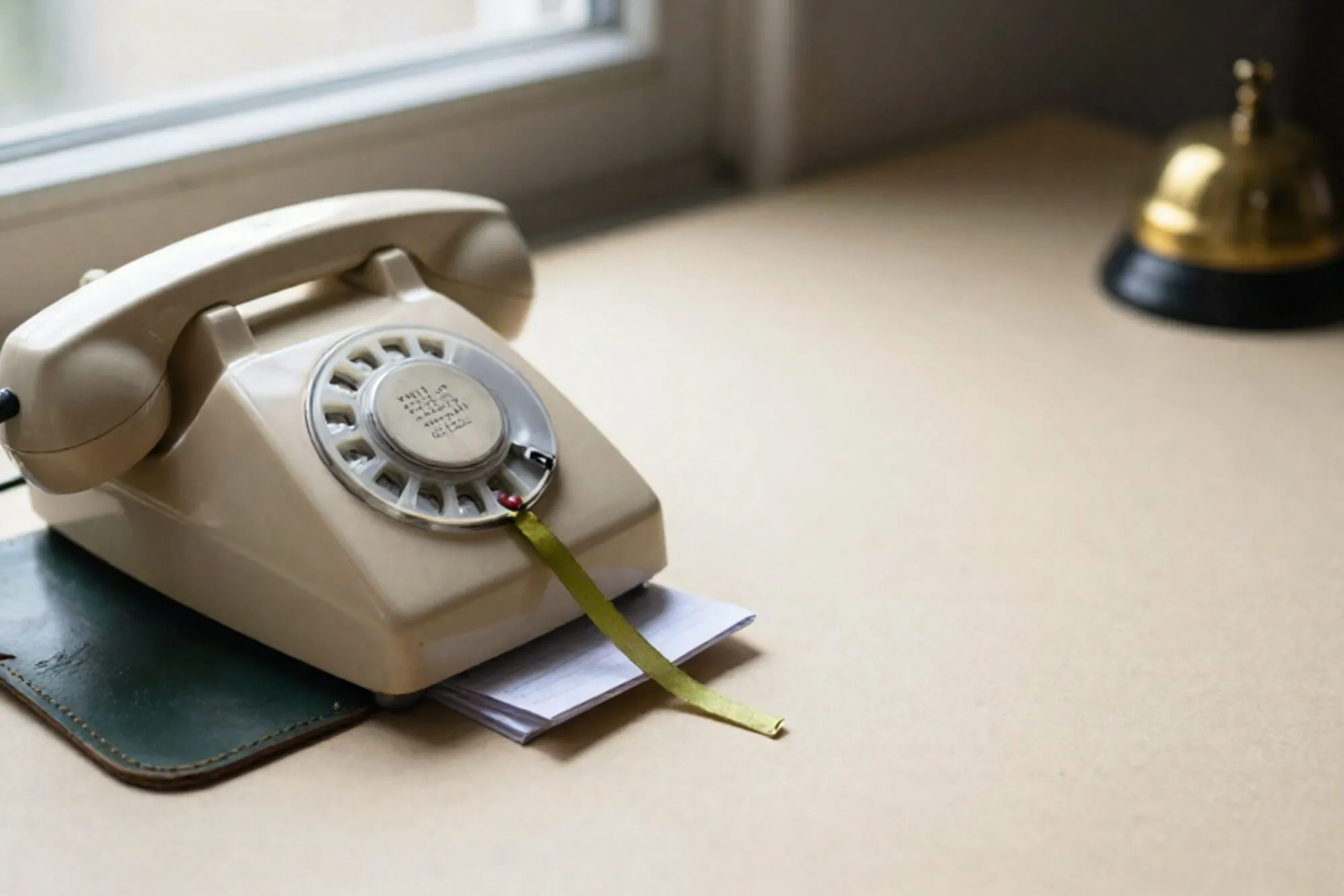 Crème bakelieten telefoonhoorn op donkergroen leren onderlegger, groen lint, gevouwen papieren kaartjes, koperen bel.