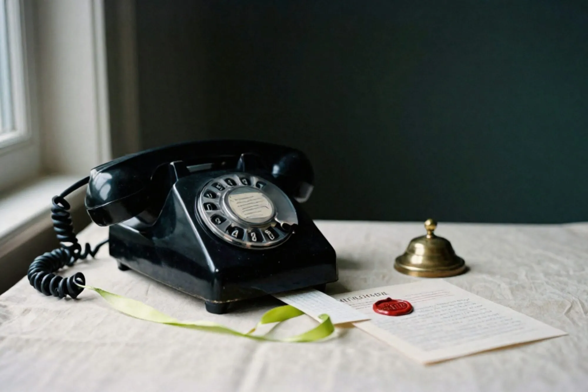 Black bakelite phone receiver off its cradle on a leather blotter, green ribbon and wax-sealed slip on ivory linen.