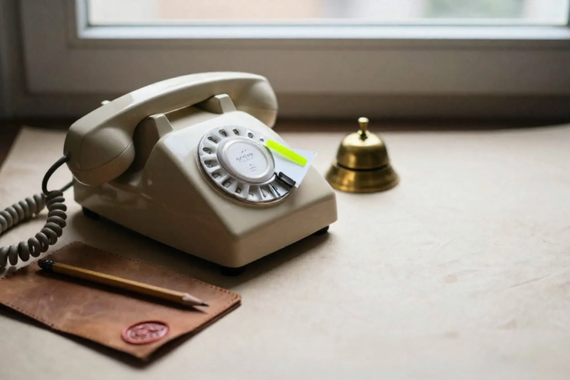 Vintage bakelieten telefoonhoorn op leren onderlegger, gekrulde kabel, bonnetje met groen lint, koperen bel, potlood.