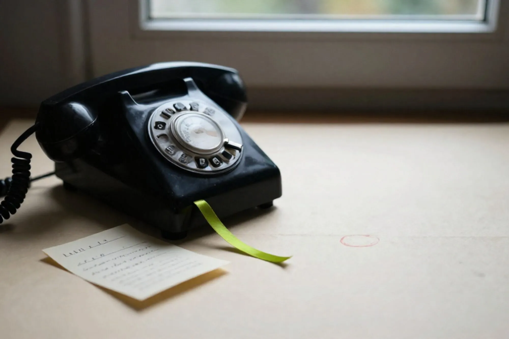 Zwarte bakelieten telefoonhoorn op ivoorleren onderlegger, lichtgroen lint, gevouwen memo, zacht zijlicht.