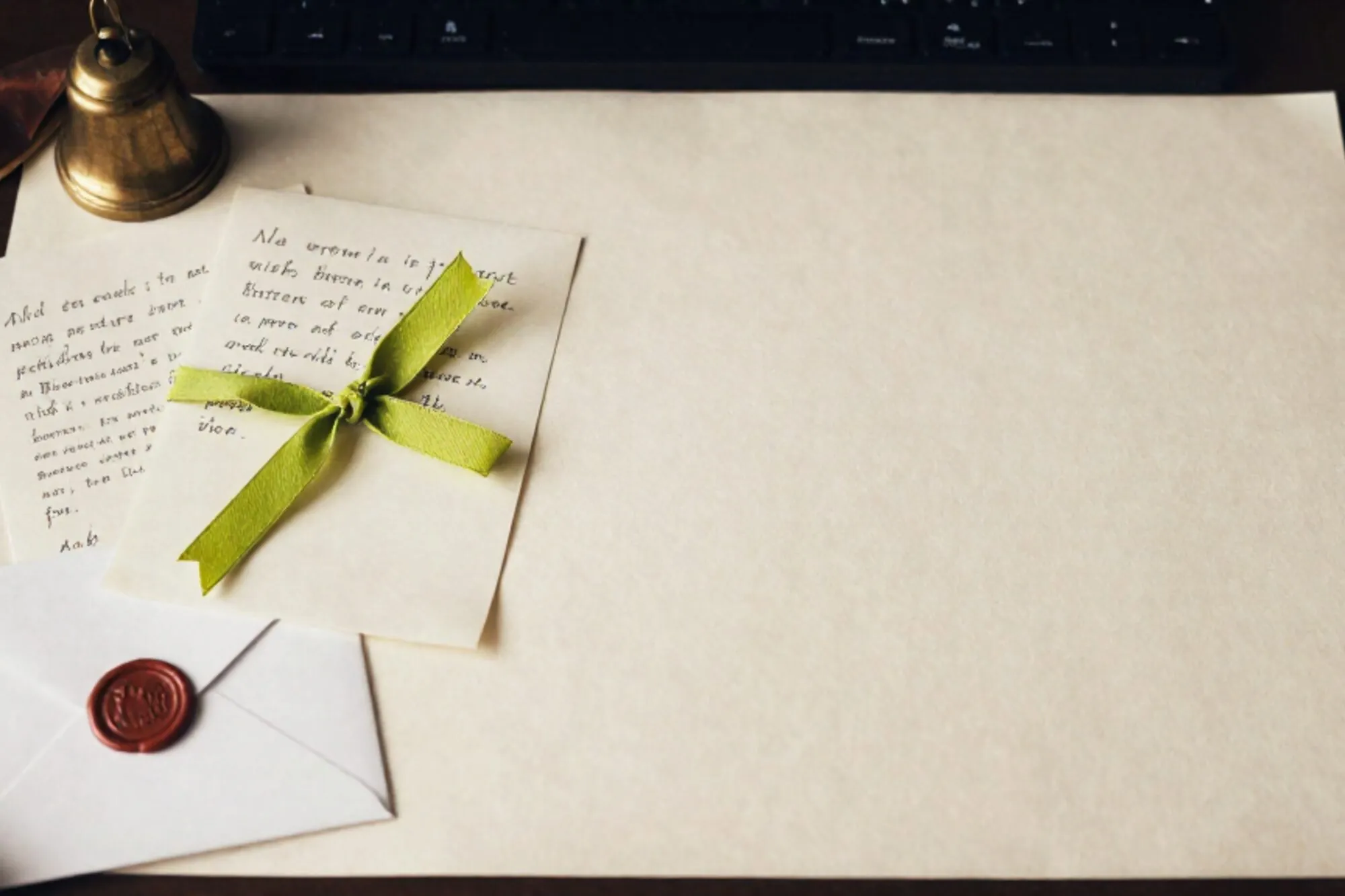 Three folded cream paper quotes with linen ribbons, chartreuse ribbon, brass bell, leather ledger, red wax seal on ivory desk.