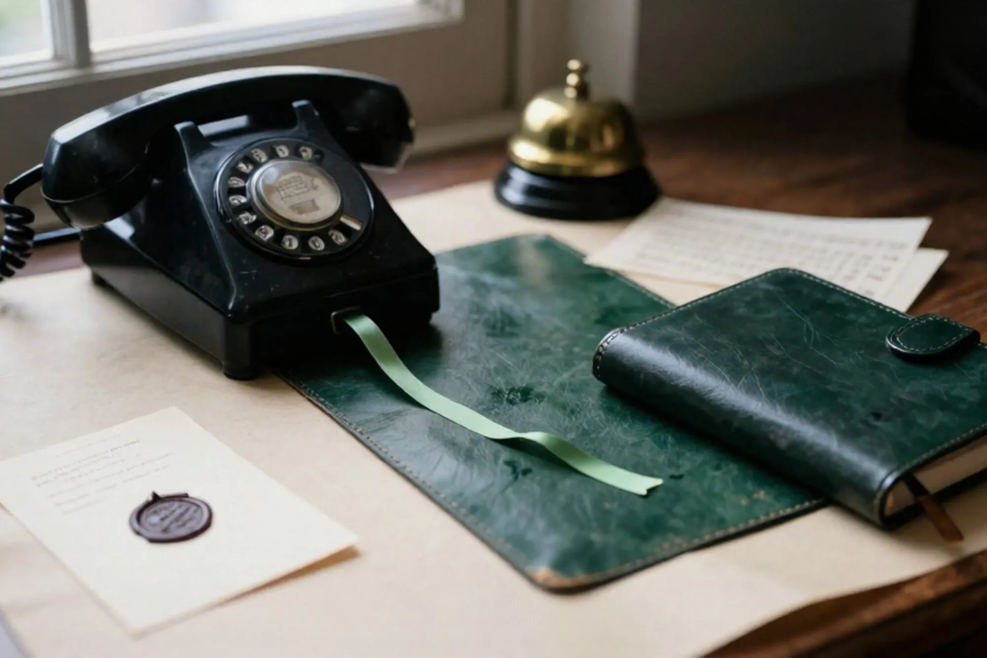 Zwarte bakelieten telefoon van de haak op groen leren onderlegger, lint in agenda, koperen bel, kaart met lakzegel.