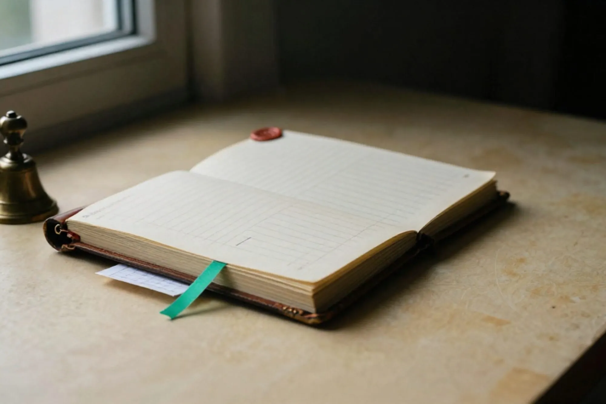 Open leather ledger on ivory paper, brass bell, folded checklist, green ribbon bookmark, red wax seal, side window light.