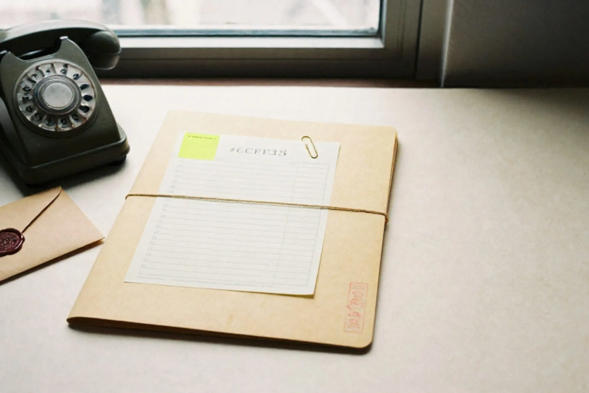 Ivory desk with paper checklist, brass clip, manila folder, green sticky tab, rotary nameplate, wax-sealed envelope.