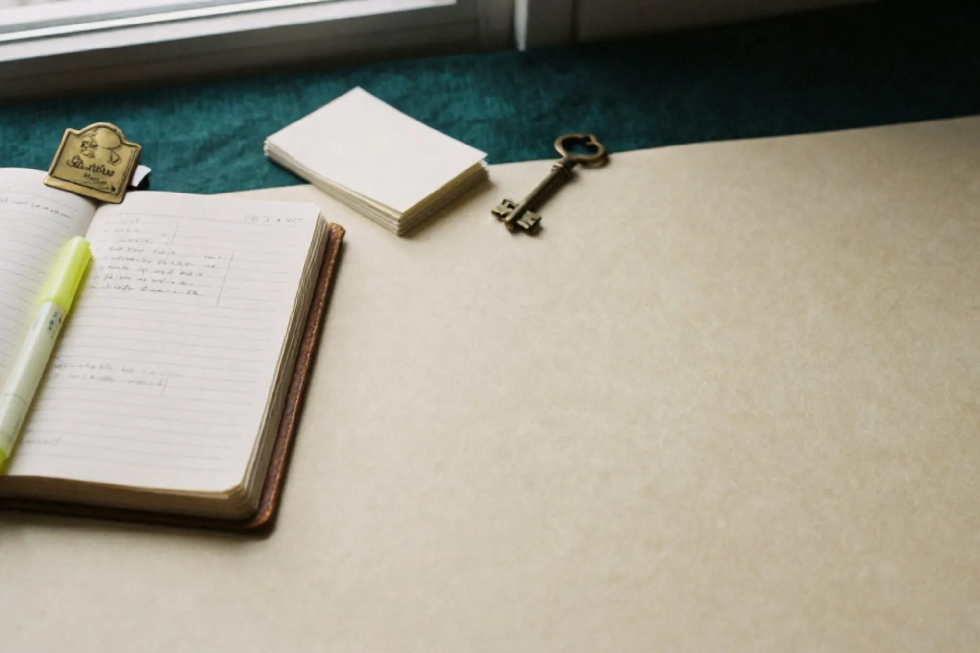 Open leather logbook with green ribbon, brass key, cream index cards on ivory paper beside a forest linen runner.